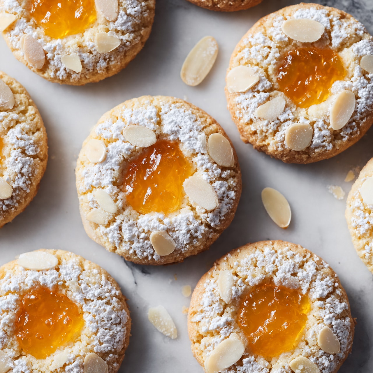 This image shows many round cookies laid on a white marbled surface. Each cookie has a light golden color with a soft texture, topped with a dollop of bright orange jam placed in the center. The cookies are sprinkled with powdered sugar, giving a fine white dusting all over, and some have thin almond slices scattered on top or pressed slightly into the edges. The cookies are arranged loosely, overlapping in some spots, with shadows showing their soft raised edges. photo taken with an iphone --ar 4:5 --v 7