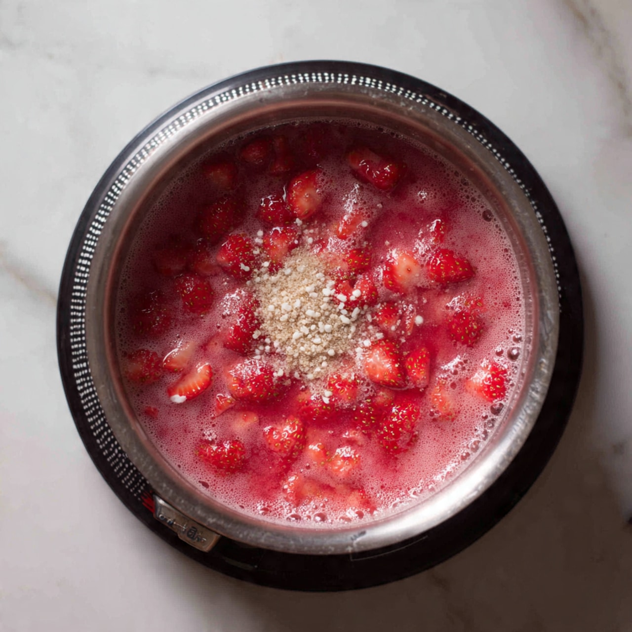A close-up view of a pot filled with sliced red strawberries cooking in bubbling liquid, showing a mix of red and pink hues with foam on top. Visible on the surface are some white granules and brown powder sprinkled over the strawberries, giving a textured and colorful look inside the silver metal pot. The pot sits on a shiny black stove, with part of a white marbled surface visible around it. photo taken with an iphone --ar 4:5 --v 7