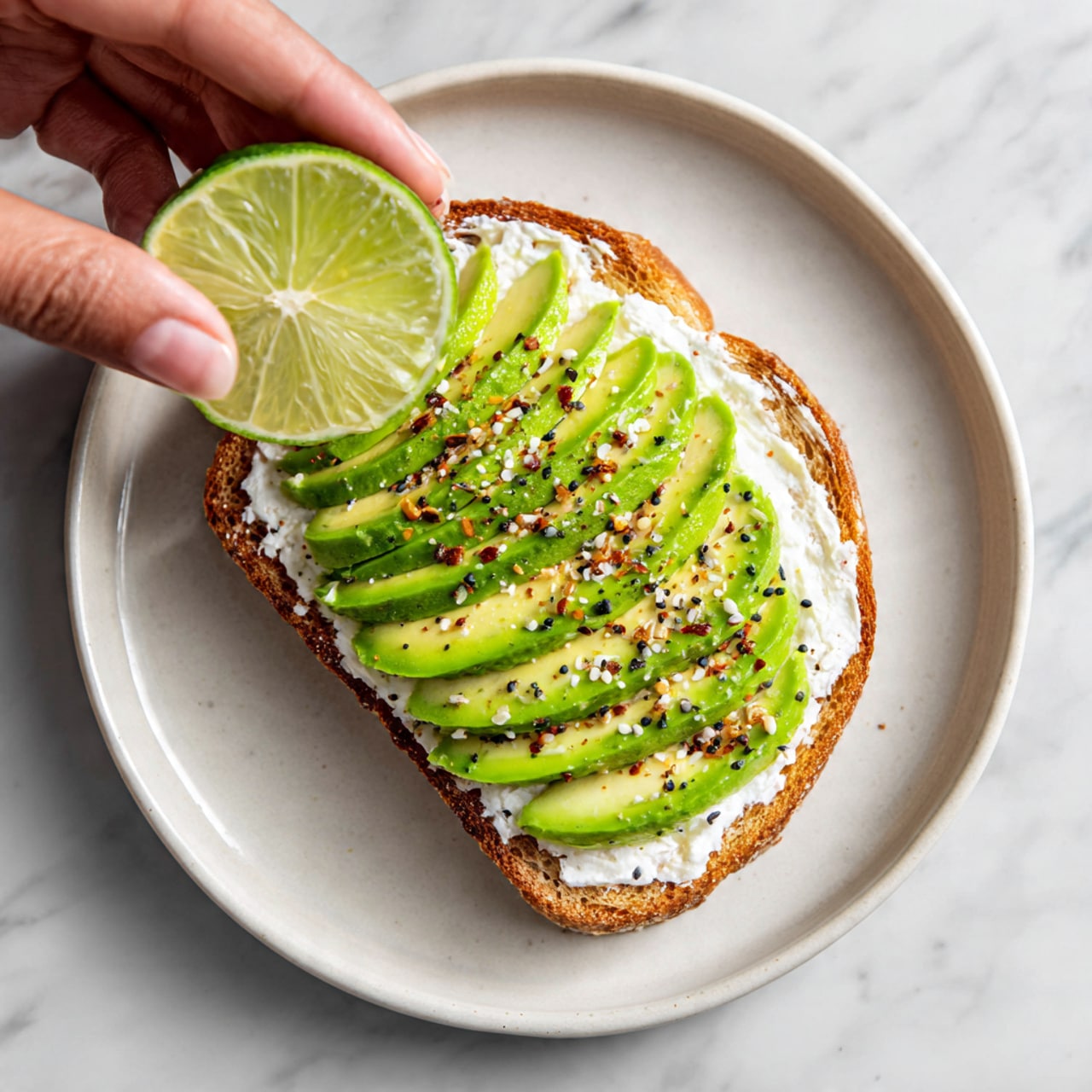 A single slice of whole grain bread is placed in the center of a white plate. On top of the bread is a layer of white creamy spread, evenly covering its surface. Above this, there is a neatly arranged layer of thin avocado slices overlapping each other, showing light green and yellow tones. The avocado is sprinkled with a mix of black and white sesame seeds and small bits of seasoning. A vintage-looking knife with a dark patterned handle and silver blade rests diagonally across the bottom edge of the plate. The plate sits on a white marbled surface with a soft peach tiled backdrop visible behind it. Photo taken with an iphone --ar 4:5 --v 7