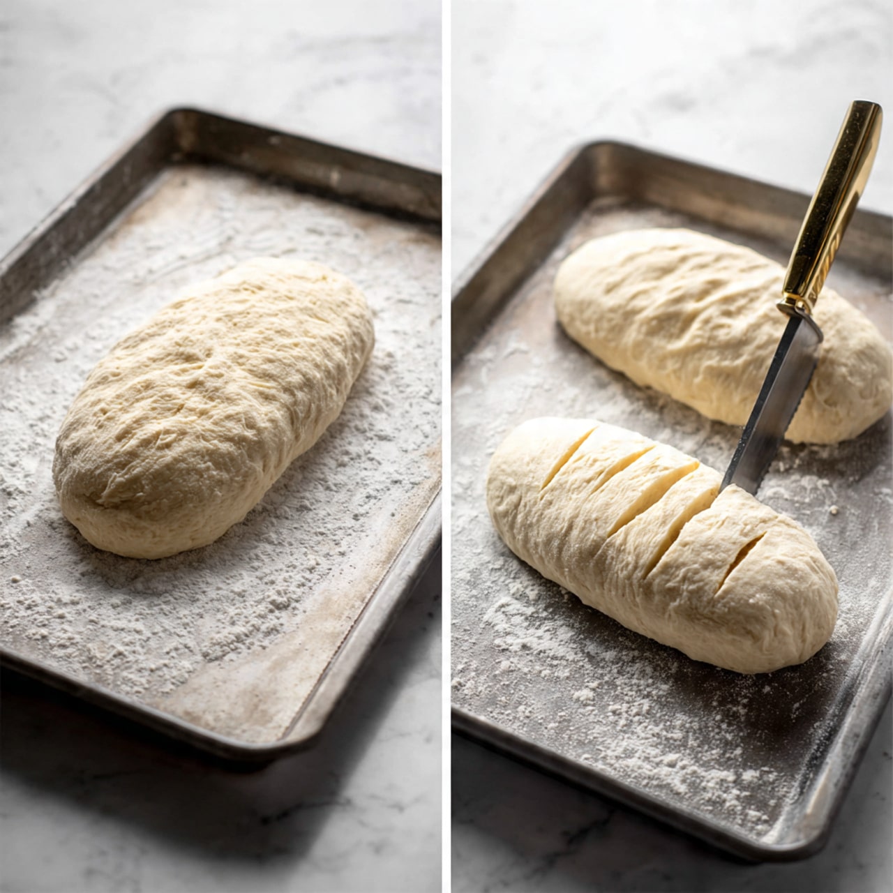 The image shows three loaves of rustic bread with a golden brown crust dusted with white flour, arranged on a white marbled surface. One loaf is sliced into thick pieces, revealing a soft, airy, and light-colored inside. Nearby there is a small white bowl filled with creamy chicken noodle soup containing visible noodles, carrot chunks, and herbs in a light beige broth. A small round container holds smooth butter, placed on a beige cloth with a knife beside it. The scene is bright and clean, emphasizing the fresh, homey feel of the bread and soup. Photo taken with an iphone --ar 4:5 --v 7