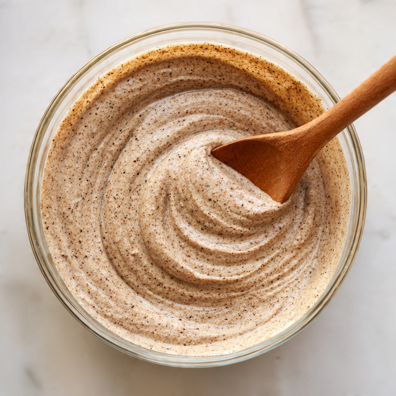 A clear glass bowl filled with a thick, light brown mixture with a slightly grainy texture sits on a white marbled surface. A wooden spoon is placed inside the bowl, lifting some of the mixture, creating soft swirls on the surface. The mixture looks creamy and well blended, with darker and lighter tones of brown throughout. photo taken with an iphone --ar 4:5 --v 7