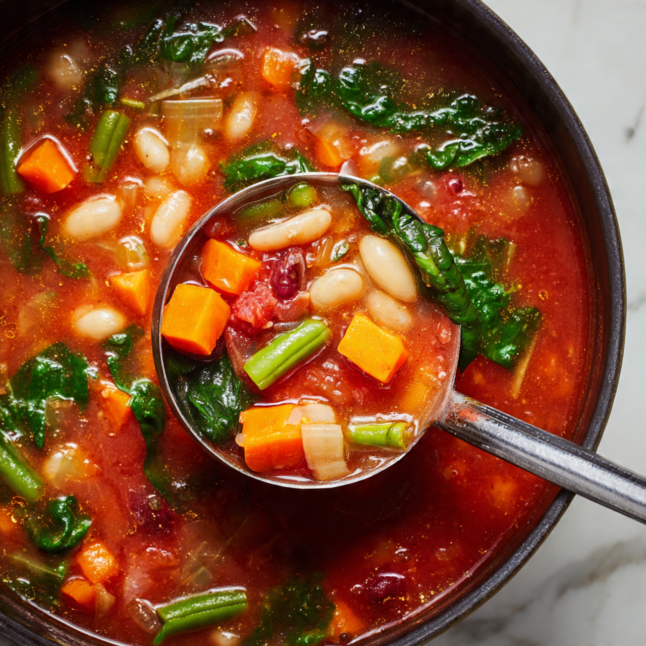 A white bowl filled with tomato soup that has a bright red color and a smooth texture, mixed with three layers of ingredients: white beans scattered all over, small pale yellow pasta cubes spread evenly, and fresh dark green spinach leaves and green beans arranged on top. The soup is garnished with thin, white shredded cheese and small fresh green basil leaves on the surface. A silver spoon rests inside the bowl, and the bowl is sitting on a white marbled surface with a few crumbs near the edge. Photo taken with an iphone --ar 4:5 --v 7