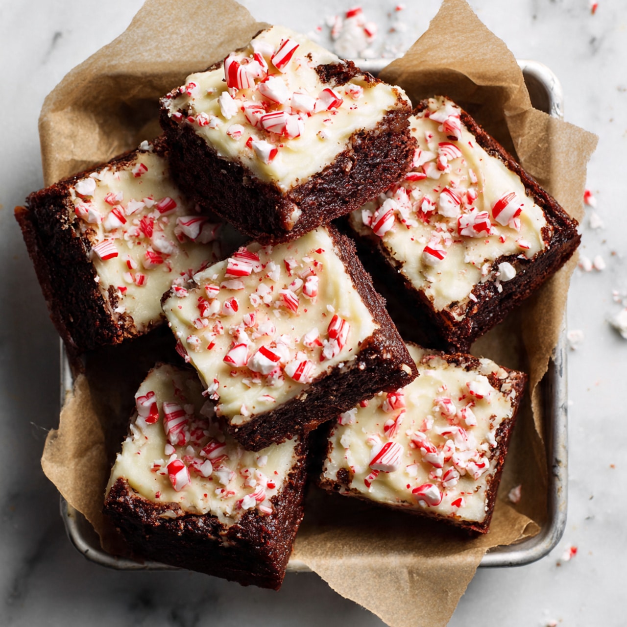 A square baked chocolate brownie sits in a baking pan lined with brown parchment paper, covering the bottom and sides. The brownie layer is dark brown and dense, forming the base. On top is a thick, smooth white frosting layer, evenly spread and covering the entire brownie with some swirled texture. The frosting is sprinkled with small pieces of crushed candy canes, showing bright red and white stripes, scattered across the whole surface. The pan rests on a white marbled texture background. photo taken with an iphone --ar 4:5 --v 7