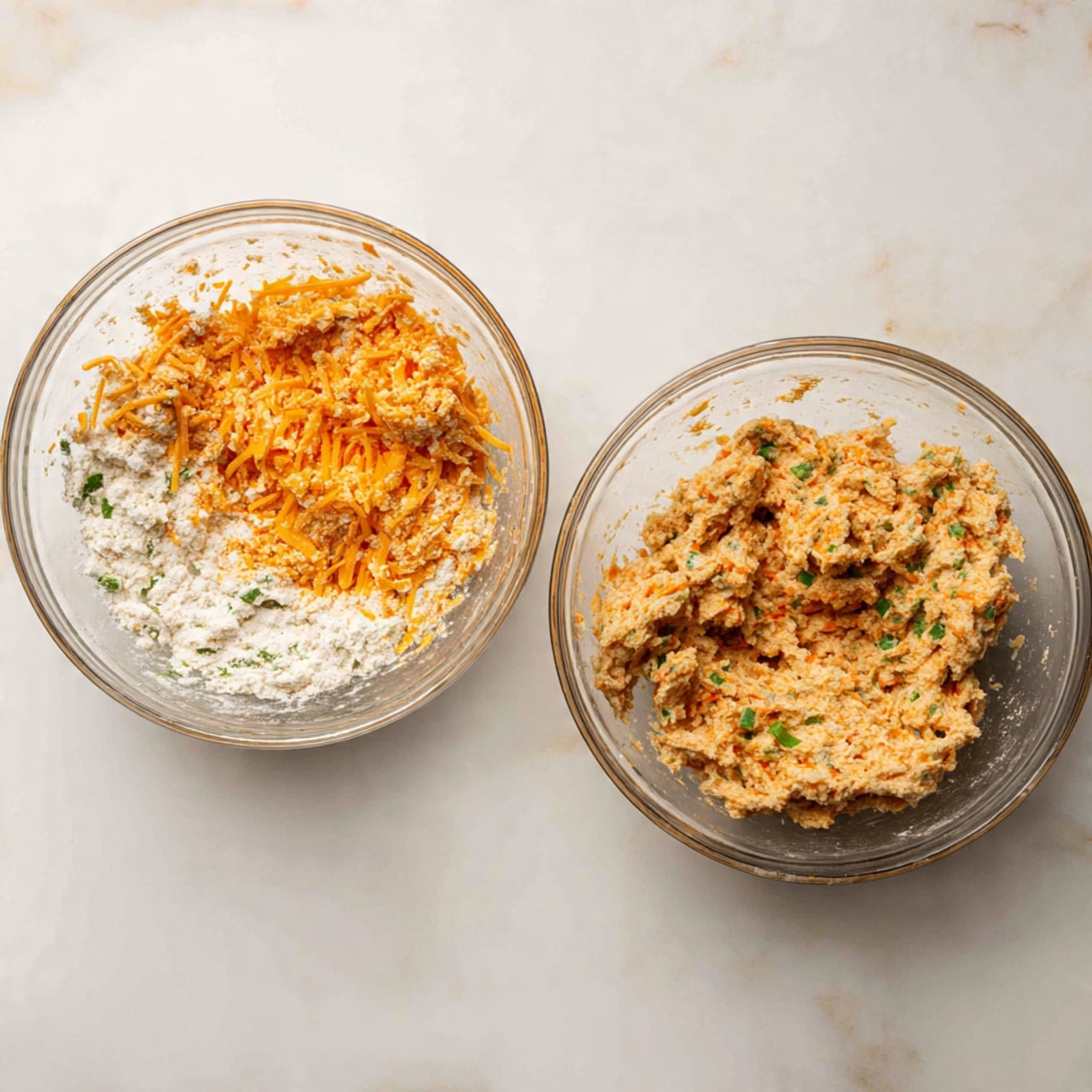 A close-up view of two thick slices of bread split open, showing a light, airy inside with a golden-brown crust. The inside has a soft, spongy texture with small holes throughout, mixed with bits of green herbs, likely jalapeño, and orange cheese swirls. The crust is slightly crispy and toasted to a medium golden brown with some darker spots. Fresh slices of green jalapeño lay nearby on a white marbled surface, adding a fresh accent to the warm, baked bread. A crumpled green cloth is seen in the top left corner. photo taken with an iphone --ar 4:5 --v 7