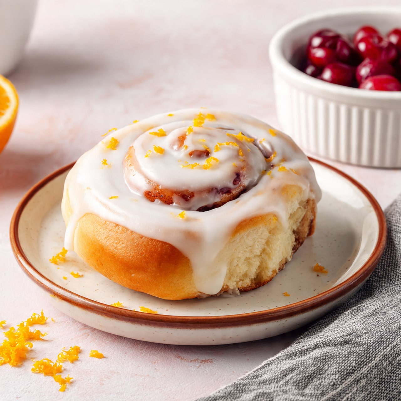 A single cinnamon roll is placed in the center of a white plate with a light brown rim. The roll has a spiral shape with a visible layer of cinnamon filling between the soft dough layers. The top is covered with a smooth, thick white icing that spreads unevenly and drips slightly down the sides, sprinkled with small, bright orange zests. The plate sits on a light pink surface with scattered orange zest pieces around it and next to a white bowl filled with red cherries. A gray and white striped fabric is partially visible on the right side of the image. Photo taken with an iphone --ar 4:5 --v 7
