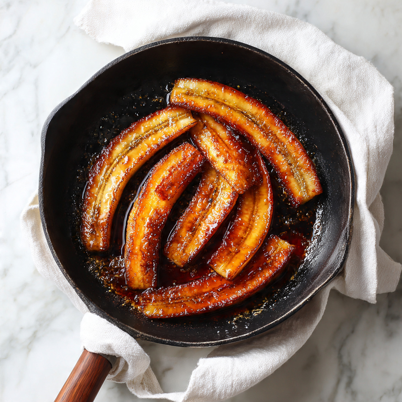 A black cast iron pan is shown from above on a white marbled surface with five cooked banana halves inside. The bananas are golden brown with a glossy shine from caramelization and cooking juices. The pan handle is covered with a white cloth, and the cooked bananas are arranged unevenly in the dark sauce at the bottom of the pan, creating a warm and rich look. photo taken with an iphone --ar 4:5 --v 7