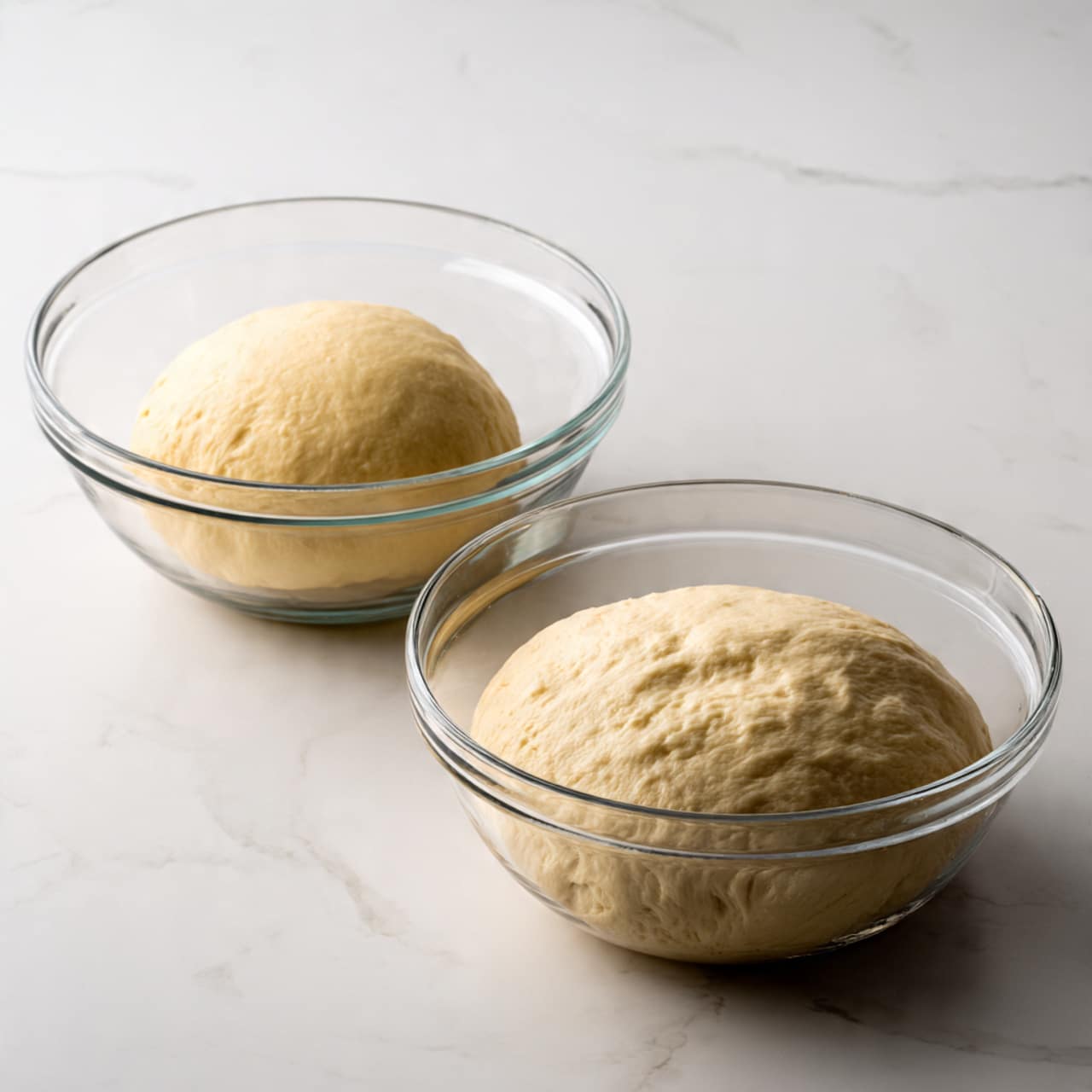 A close-up view of a piece of sticky sweet roll with two main layers: the bottom layer is light beige, soft, and fluffy dough with a slightly torn texture showing its airy inside, while the top layer is a thick, sticky topping full of shiny dark brown pecan halves and caramel glaze that looks glossy and rich, with some pecans falling off to the white marbled surface beneath the pastry. The roll sits on a piece of light brown parchment paper, and the background shows more sticky rolls blurred out. photo taken with an iphone --ar 4:5 --v 7