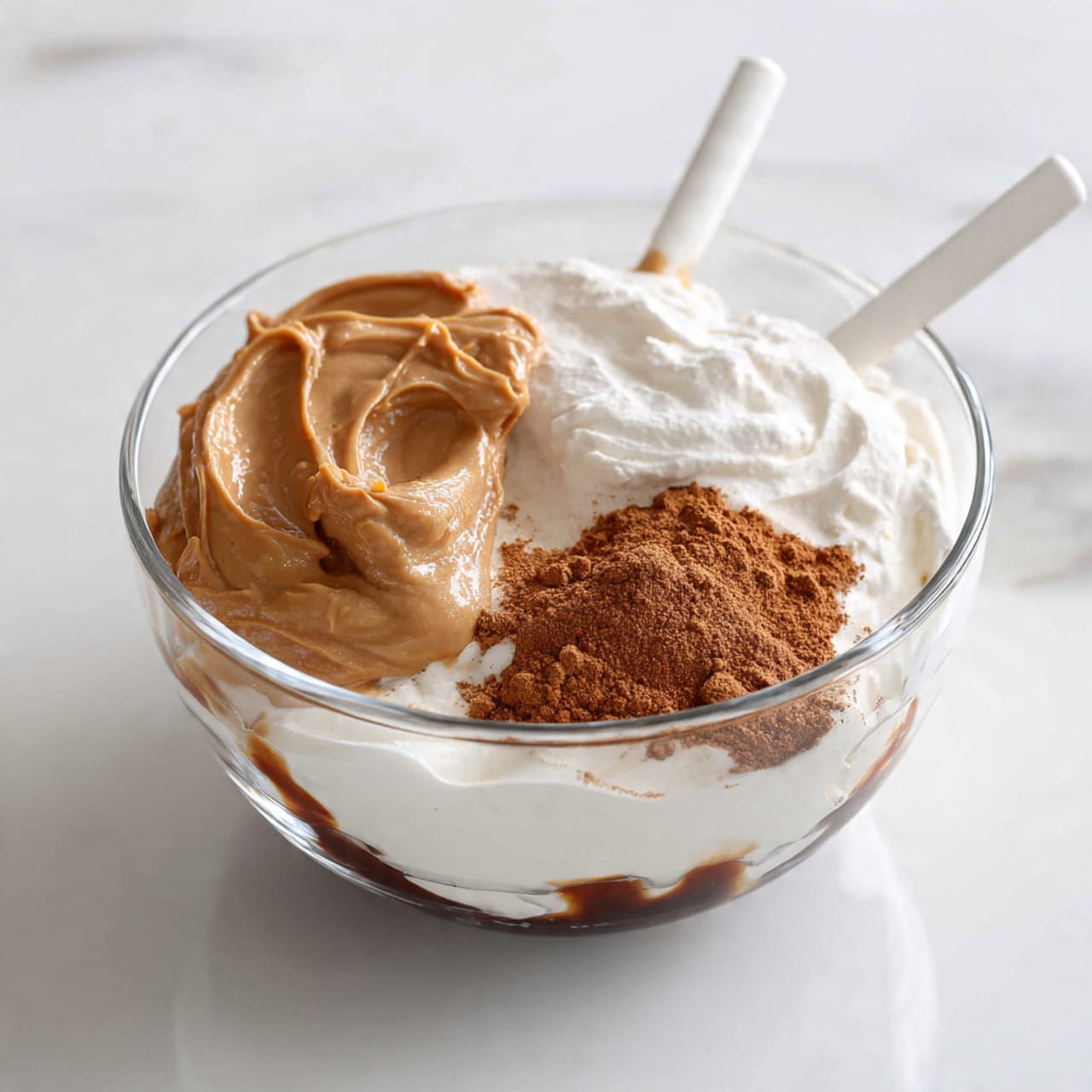 A clear glass bowl sits on a white marbled surface, filled with several layers of ingredients. The bottom layer is a smooth creamy white mixture covering the base of the bowl. On top, there is a large dollop of thick, light brown spread positioned on the left side, a generous swirl of white creamy substance placed near the top right, and a small heap of brown powder sitting next to it on the right. The bowl also contains some visible vanilla-colored swirls near the bottom right and some glossy dark brown spots. Two metal beaters covered in the white creamy mixture rest inside the bowl, angled towards the bottom right. photo taken with an iphone --ar 4:5 --v 7
