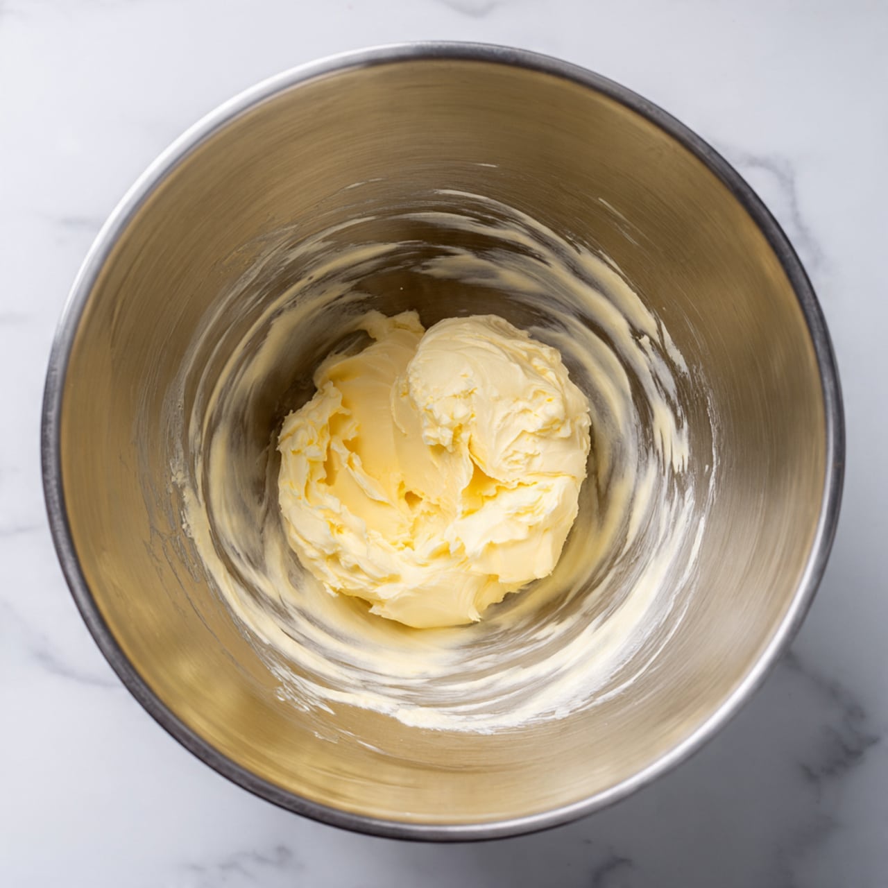 A shiny metal mixing bowl sits on a white marbled surface, filled with a single mound of soft, pale yellow butter in the center. The butter looks smooth and creamy, with soft edges where it has been moved around inside the bowl. The inside of the bowl has thin streaks and smears of the same pale yellow butter, showing it has been recently stirred or scraped. photo taken with an iphone --ar 4:5 --v 7