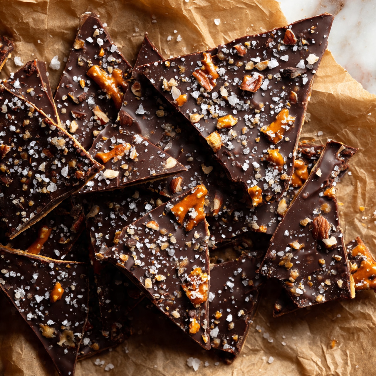 A large rectangular dessert on a baking tray lined with parchment paper shows three layers: the bottom layer is a grid of light brown pretzels arranged tightly. The middle layer is a smooth and shiny sheet of dark brown chocolate covering the pretzels. The top layer has three different types of toppings: the lower part is sprinkled with small pieces of chopped pecans, the middle part has unevenly spread red, green, and white sprinkles, and the top part is sprinkled with coarse white salt flakes. The baking tray sits on a white marbled surface. Photo taken with an iphone --ar 4:5 --v 7