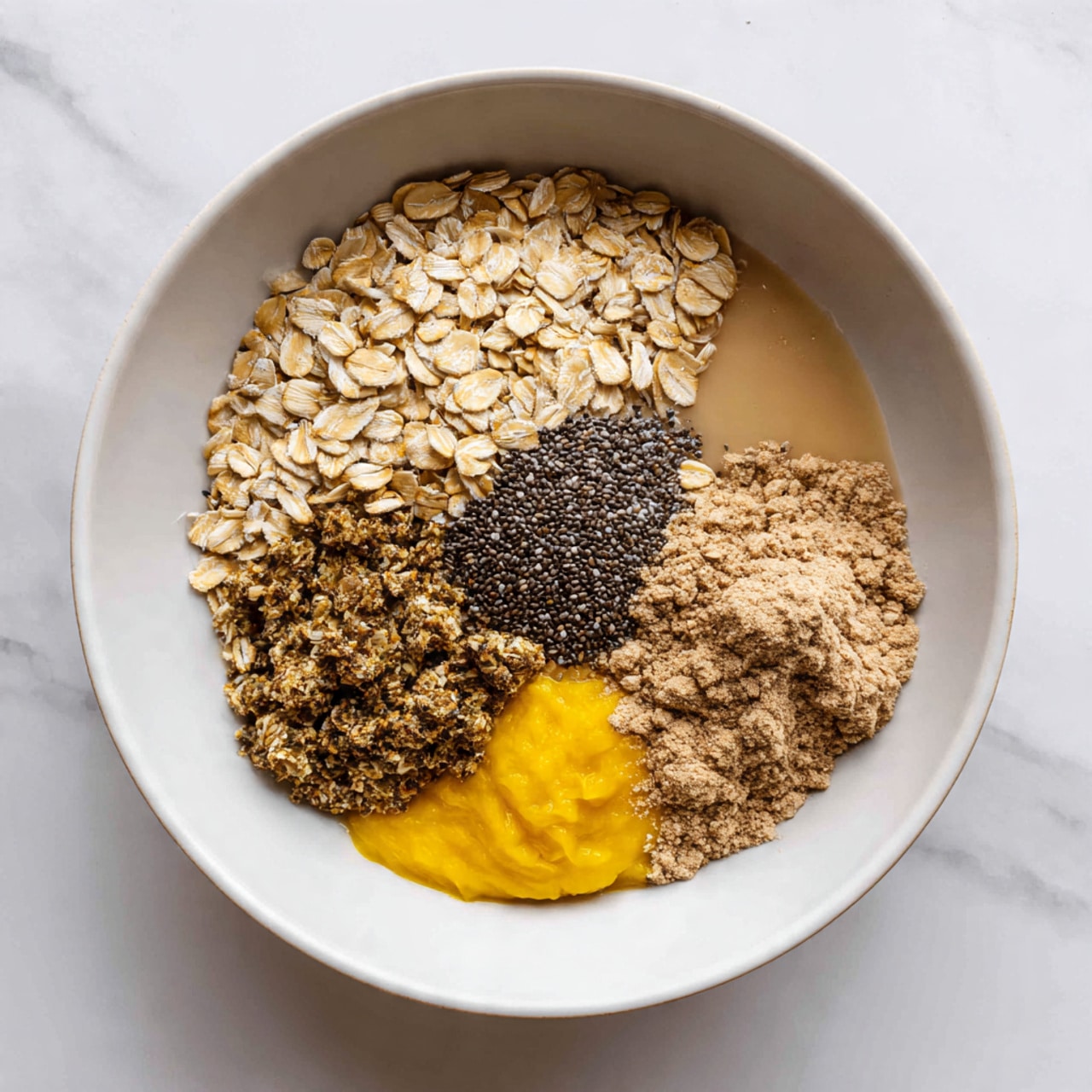 A white bowl filled with several distinct layers of ingredients, arranged separately. On the left side, there is a large layer of light beige rolled oats with a dry, flat texture. To the right of the oats, sitting in a small pool of light brown liquid, is a small pile of dark chia seeds with a bumpy texture. Below the chia seeds is a smooth, bright yellow mound resembling mashed fruit. Next to the mashed yellow layer, there is a large pile of light brown powder, clumped slightly and filling the bottom right corner of the bowl. All ingredients sit atop a faint layer of pale beige liquid at the base. The bowl rests on a white marbled surface. Photo taken with an iphone --ar 4:5 --v 7
