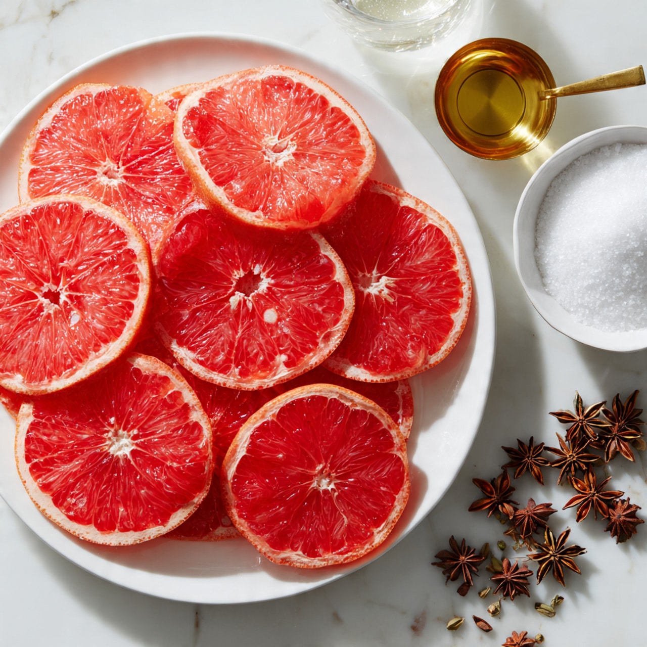 A white plate full of many slices of juicy pink grapefruit, each slice showing the shiny, wet texture of the fruit's inside with a mix of light and dark pink colors. On top of the grapefruit slices, there are several whole star anise pieces with a dark brown color, adding contrast to the bright pink fruit. The plate is placed on a white marbled surface, making the colors of the grapefruit and star anise stand out clearly. photo taken with an iphone --ar 4:5 --v 7