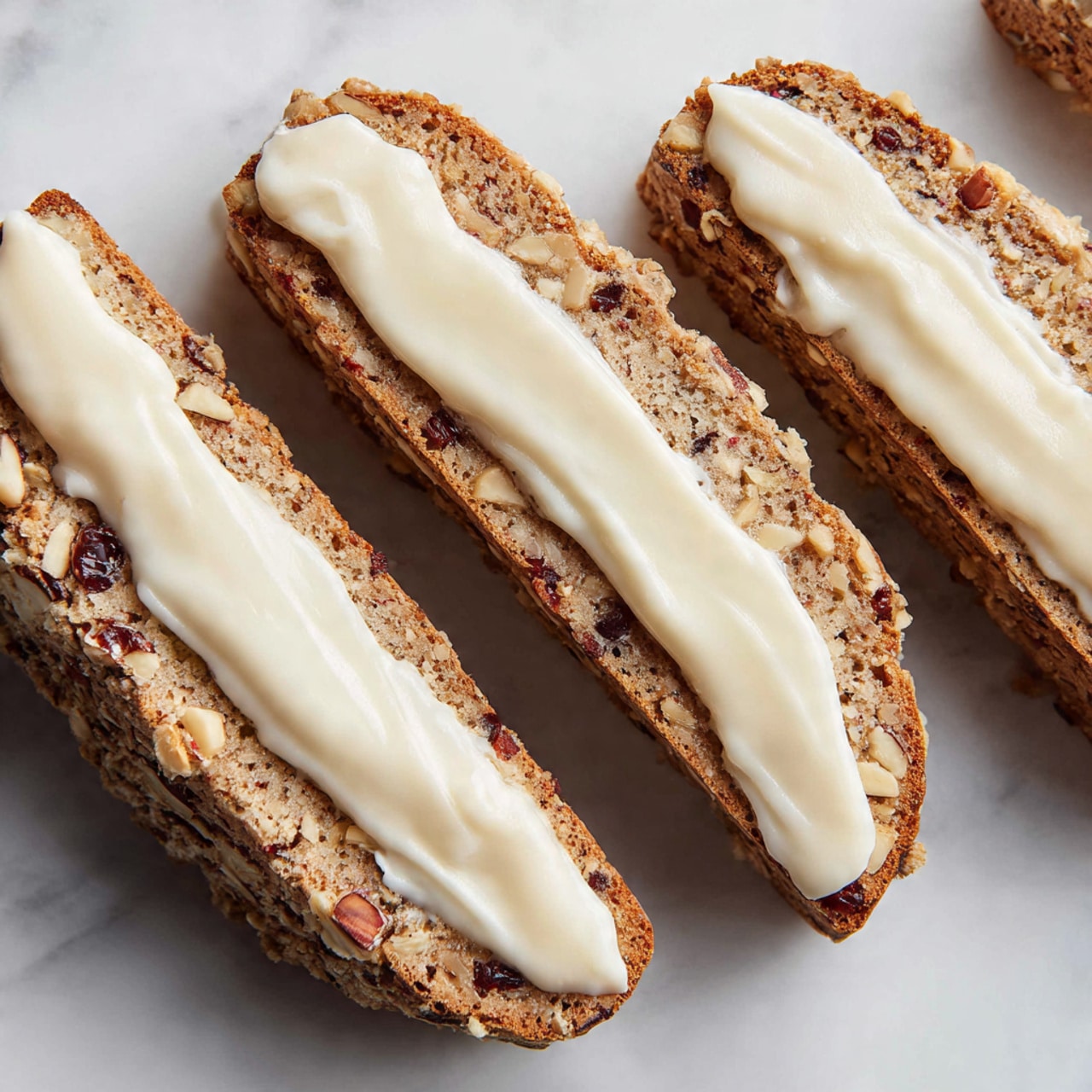 The image shows several golden brown biscotti with a crunchy texture, each piece topped with a smooth white icing strip running along the middle lengthwise. The biscotti are filled with visible bits of dark dried fruit and nuts, giving them a rough and hearty look. They are arranged diagonally on a dark wooden surface with a few scattered green pistachios around them. The light highlights the warm tones of the biscotti and the contrasting bright white icing. photo taken with an iphone --ar 4:5 --v 7