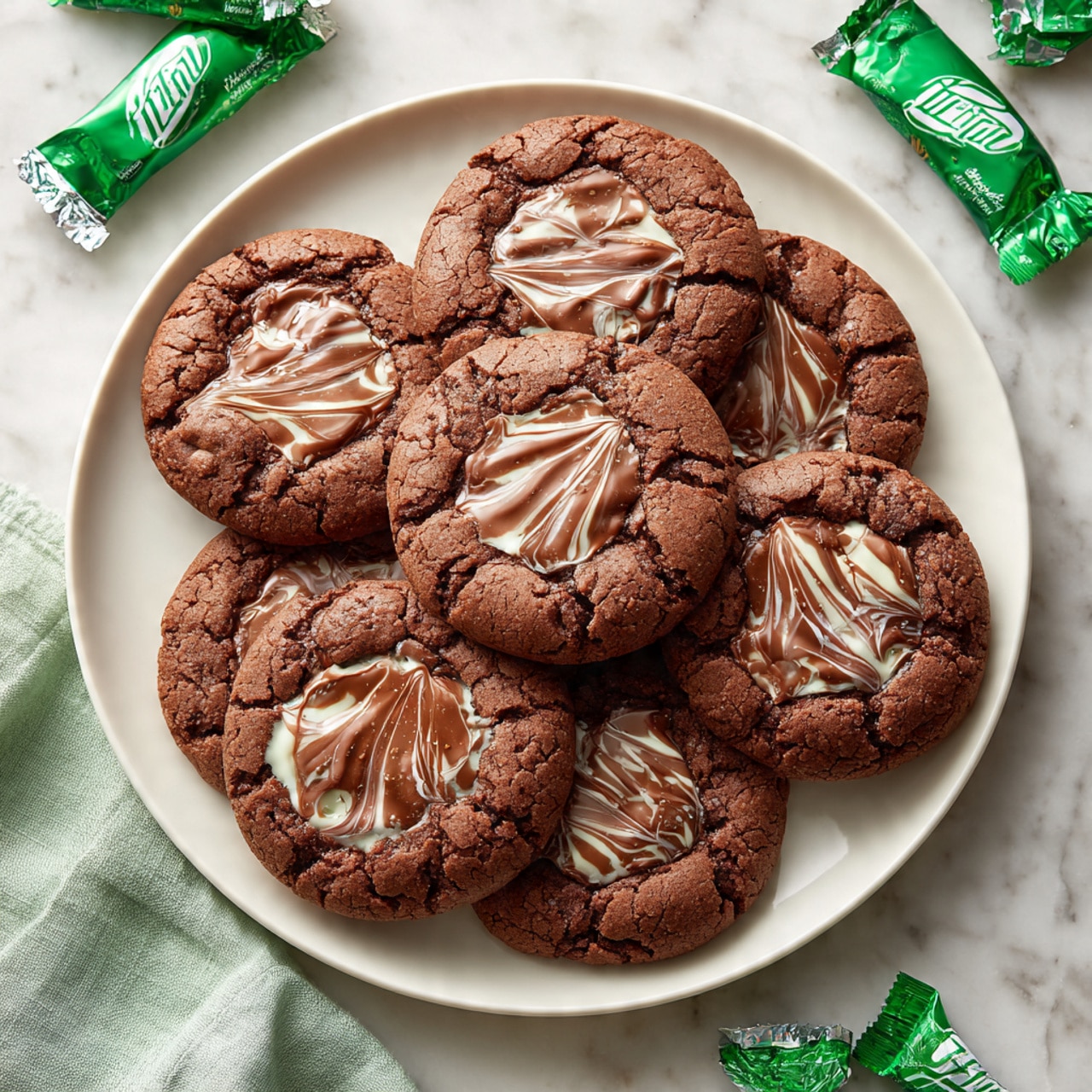 The image shows a white round plate filled with seven dark brown chocolate cookies. Each cookie has a cracked texture and is topped with a thick, shiny swirl of mixed milk chocolate and white chocolate, giving a marbled effect on the top surface. The cookies are arranged close together on the plate. Around the plate on a white marbled surface, there are more cookies and green wrapped candies, along with part of a woman's hand reaching from the left. A light green cloth is seen near the top right edge of the plate. photo taken with an iphone --ar 4:5 --v 7