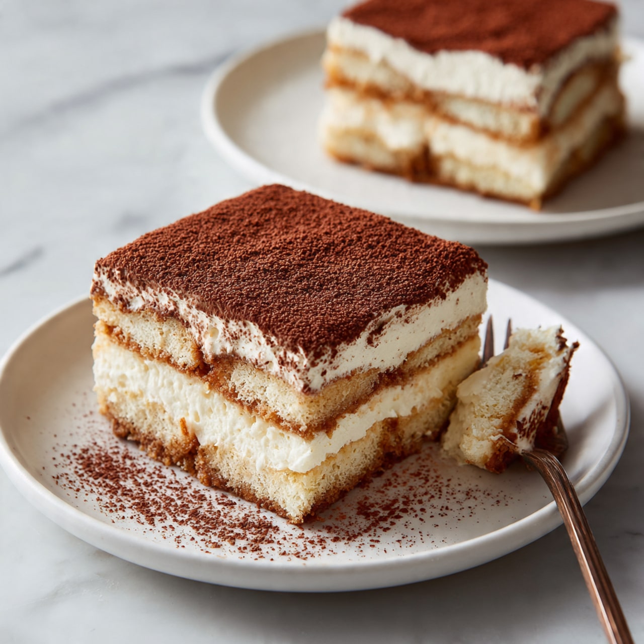 A square piece of tiramisu dessert sits on a white plate on a white marbled surface. The tiramisu has three visible layers of soft, light tan cake soaked with coffee and two creamy white layers of mascarpone filling between them. The top layer is covered with a thick even dusting of dark brown cocoa powder. A fork holds a small piece of the tiramisu in front showing the soft texture of the cake and cream clearly. There is another white plate with a similar piece of tiramisu blurred in the background. Photo taken with an iphone --ar 4:5 --v 7
