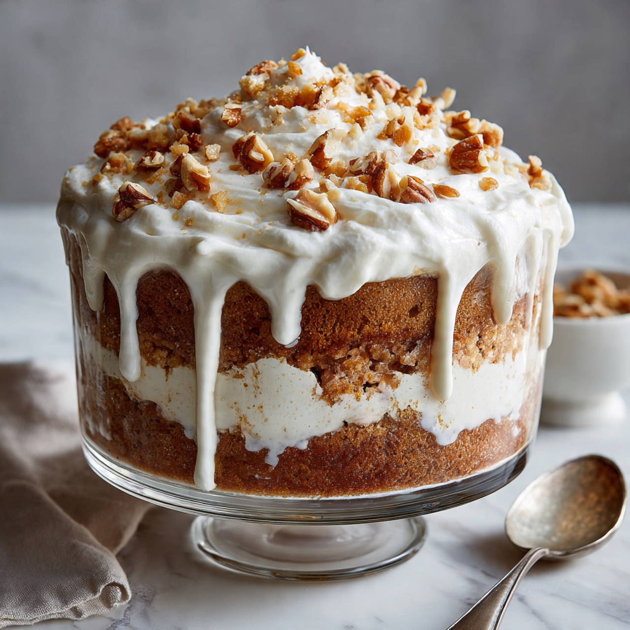 A clear glass bowl filled with smooth, pale yellow batter with a few small bubbles on the surface. A white spatula with a slightly rounded edge is partially dipped into the batter, resting inside the bowl. The bowl is placed on a white marbled surface. photo taken with an iphone --ar 4:5 --v 7