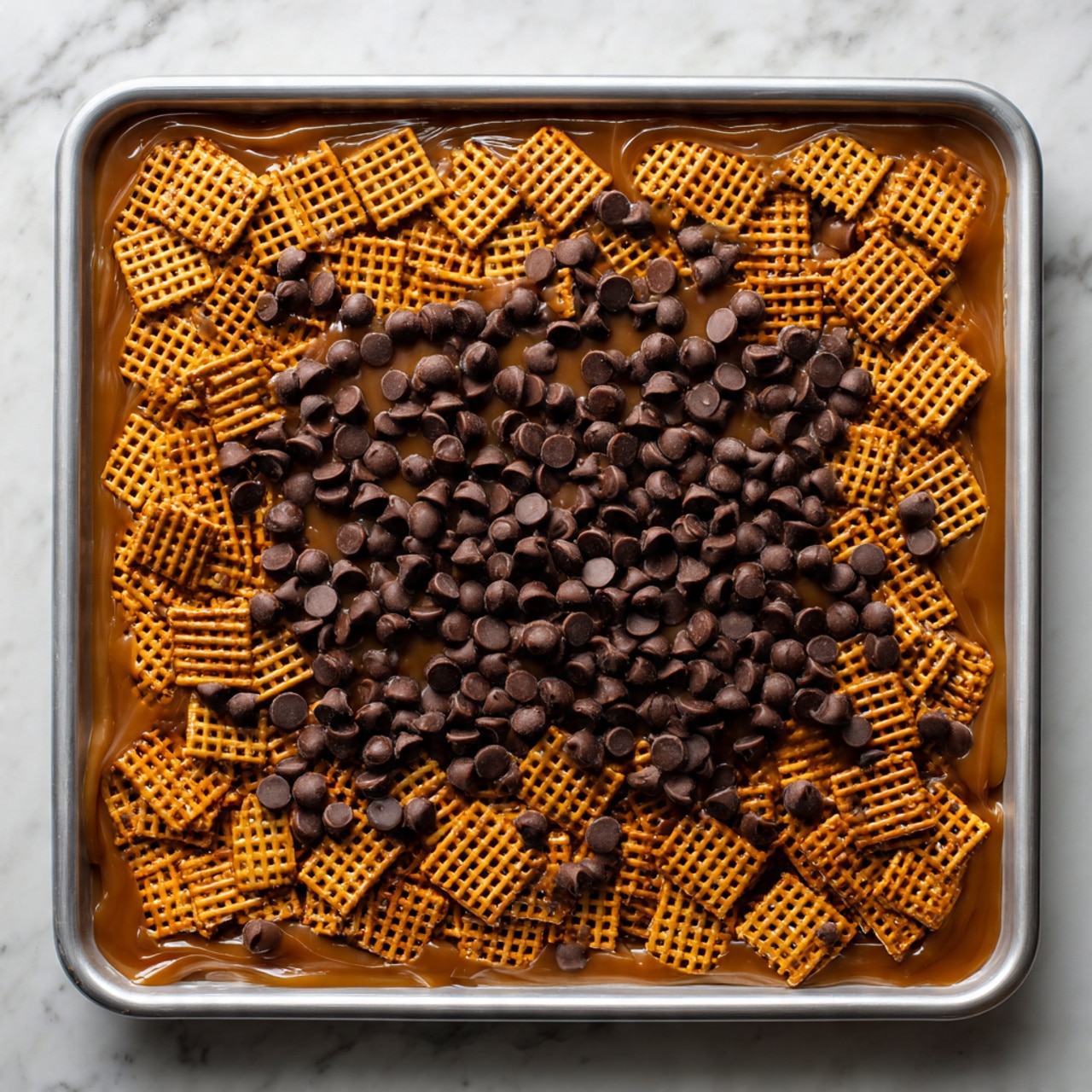 A baking tray lined with brown parchment paper holds a layer of square, orange-brown pretzels arranged closely together. On top, there is a thick layer of shiny, melted caramel that coats the pretzels, making them look sticky and glossy. Scattered generously over the caramel and pretzels are many dark brown chocolate chips, some beginning to soften but mostly holding their round shape. The tray sits on a white marbled surface. photo taken with an iphone --ar 4:5 --v 7