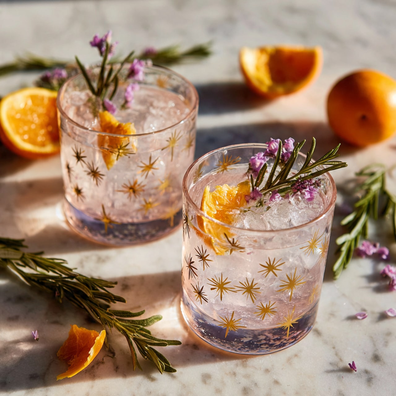 Two clear glasses with a star pattern are filled with a light pink drink and ice cubes. Each glass has a thin orange peel slice near the rim and a small purple flowered rosemary sprig laid across the top. The glasses sit on a white marbled surface with scattered green rosemary sprigs and orange peel curls around. The photo taken with an iphone --ar 4:5 --v 7