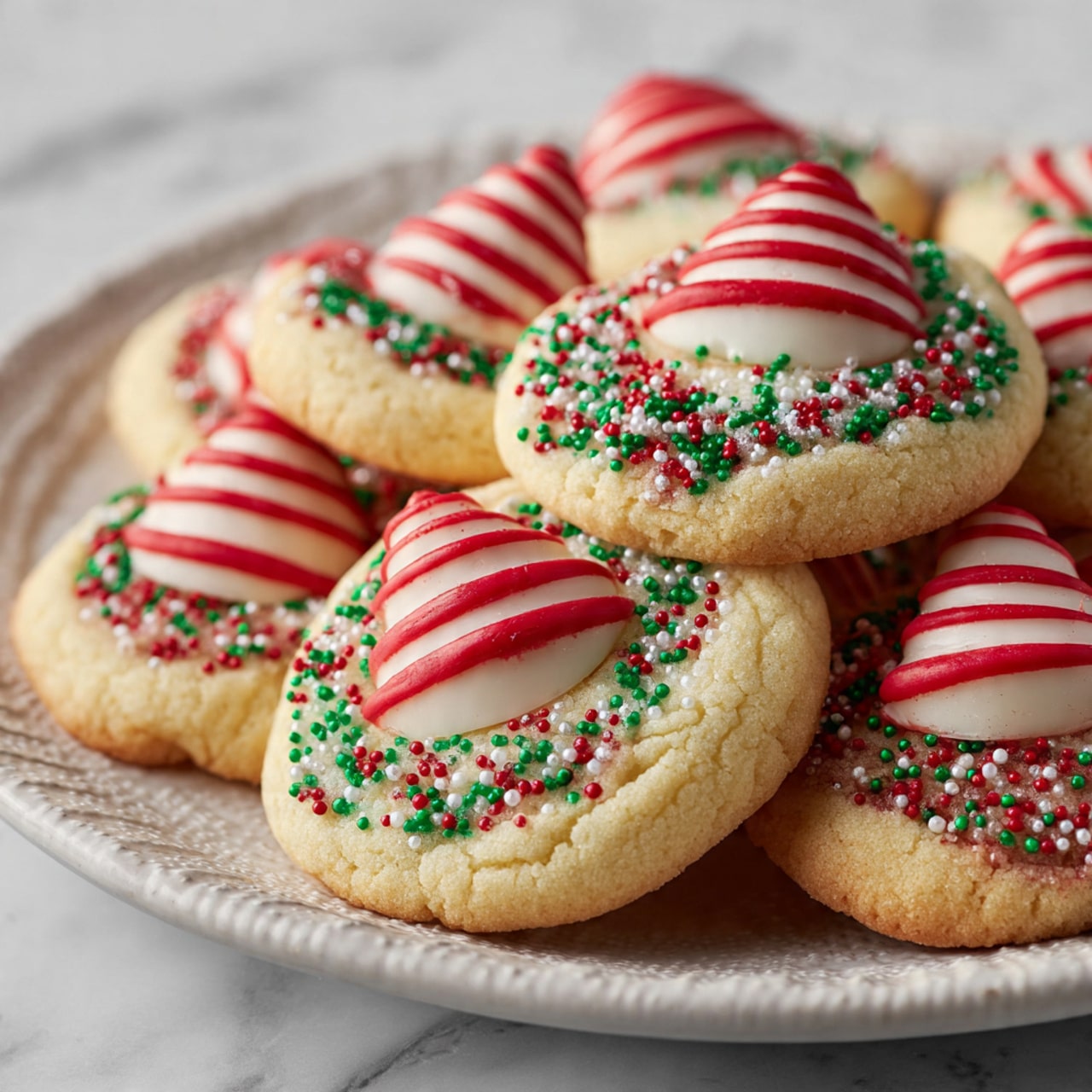 The image shows a close-up of many round cookies on a white plate with a textured edge, placed on a white marbled surface. Each cookie is light golden and coated around the edges with small, round sprinkles in red, green, and white colors. On top of each cookie, there is a white chocolate candy with bright red stripes, shaped like a small cone with a pointed tip. The cookies are arranged closely together, filling the frame and giving a festive, colorful look. photo taken with an iphone --ar 4:5 --v 7