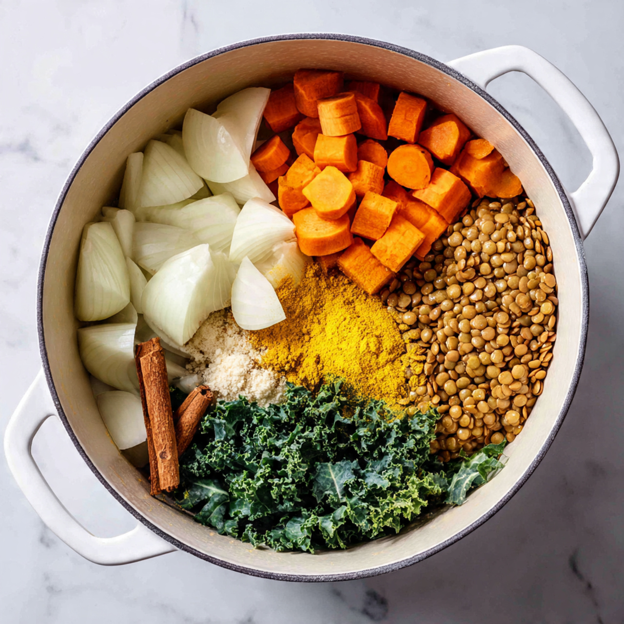 The image shows a close-up of a wooden spoon holding a scoop of thick lentil stew over a white pot filled with the same stew. The stew has a creamy, light yellow broth with visible chunks of orange carrots, green leafy kale, and whole lentils that are soft and golden-brown. The kale pieces are scattered throughout, adding a dark green color. The pot sits on a white marbled surface, and the scene is bright and clear, showing the texture of the stew and ingredients well. Photo taken with an iphone --ar 4:5 --v 7