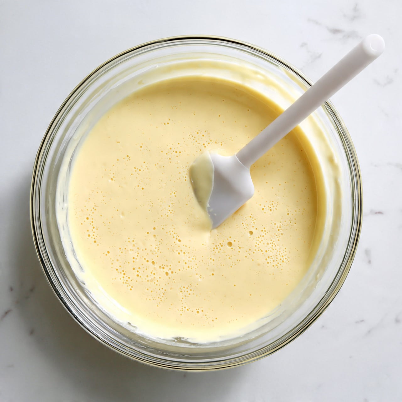 A top view of a three-layer dessert in a clear glass bowl on a white marbled surface. The bottom layer is not visible but holds the creamy white middle layer that looks soft and smooth. The top layer is a thick, pale cream spread evenly over the dish. The surface is sprinkled with chunks of brown nuts and broken pieces of caramel chocolate that add texture and color contrast. The edges show a bit of the creamy layer beneath. photo taken with an iphone --ar 4:5 --v 7