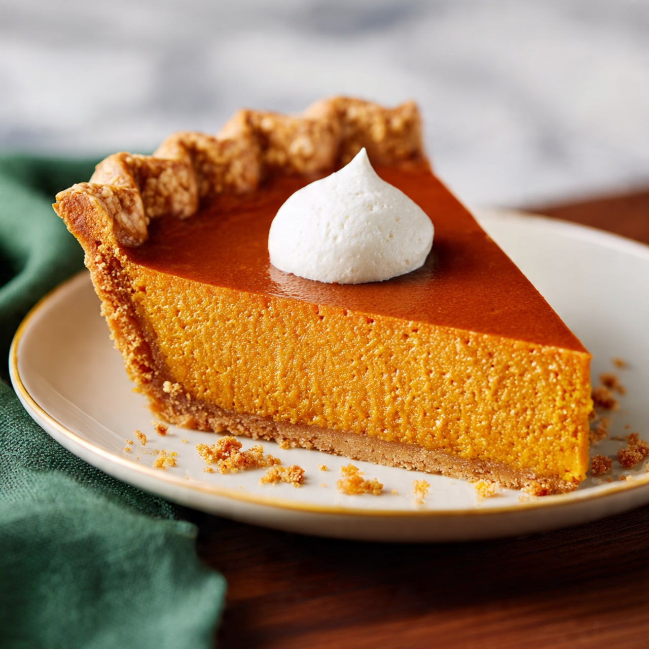 A single slice of pumpkin pie with one thick orange layer sits on a white plate with a thin gold rim, topped with a small dollop of white whipped cream in the center of the slice. The crust on the left side is golden brown and flaky with a slightly wavy edge. There are some small crumbs scattered on the plate around the pie. The plate rests on a dark wooden surface with a green cloth nearby, all against a white marbled texture background. photo taken with an iphone --ar 4:5 --v 7