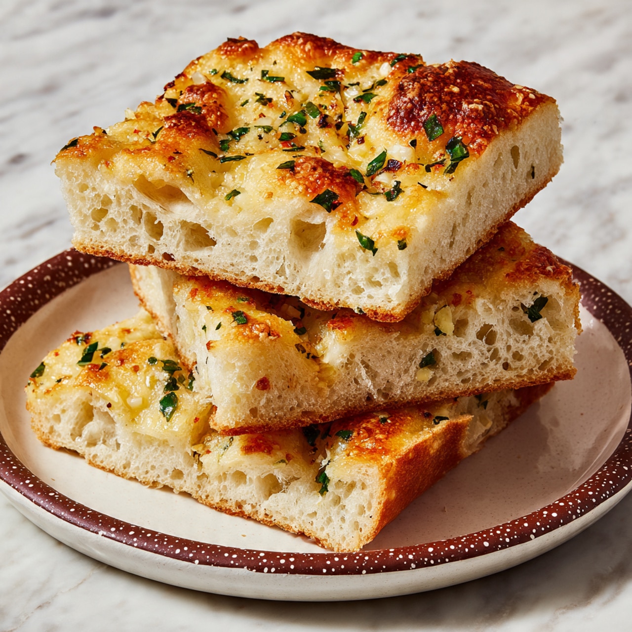 The image shows several pieces of toasted garlic bread arranged on a white marbled surface. Each piece has a golden-brown crust and a pale yellow interior with a coarse texture full of air pockets. The top layer of every slice is covered with a spread made of finely chopped garlic and green herbs, giving a speckled look with dark green and light yellow bits. The largest piece is positioned on the left side while smaller rectangular and triangular pieces are scattered nearby, some overlapping slightly. Near the bottom left corner, there is a small white bowl with crushed red pepper flakes adding a touch of red color in contrast to the bread. The surface and the overall look are clean and bright, showing a fresh and tasty snack. photo taken with an iphone --ar 4:5 --v 7