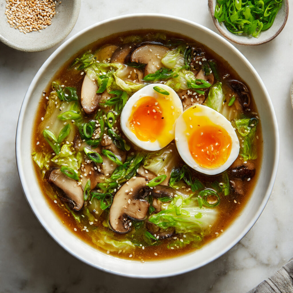 Gingery Vegetable Soup with Soft-Boiled Eggs and Sesame Seeds Recipe