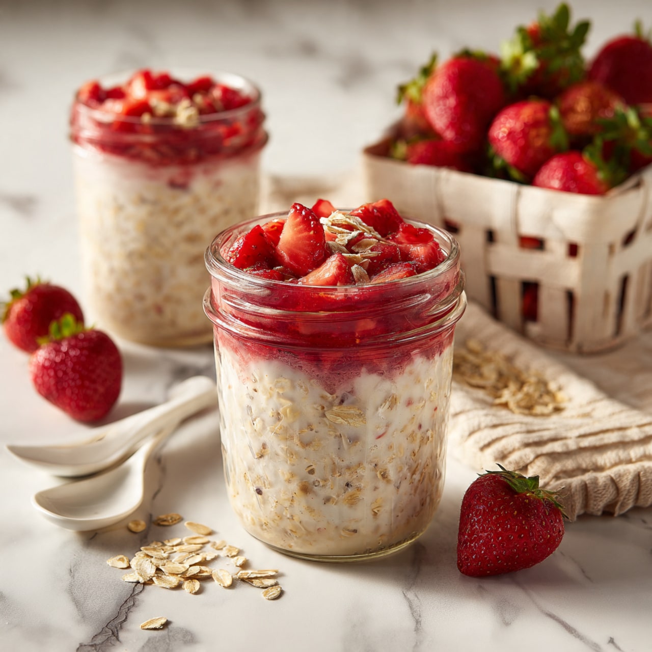 The image shows a small glass jar with two layers of food: the bottom layer is creamy beige oatmeal with visible oats, and the top layer is a bright red strawberry sauce with chunks of strawberry. The jar sits on a white marbled surface surrounded by fresh whole strawberries and scattered oats. In the background, there is a white container filled with strawberries and a spoon with peanut butter on it. The scene is bright with soft lighting. photo taken with an iphone --ar 4:5 --v 7