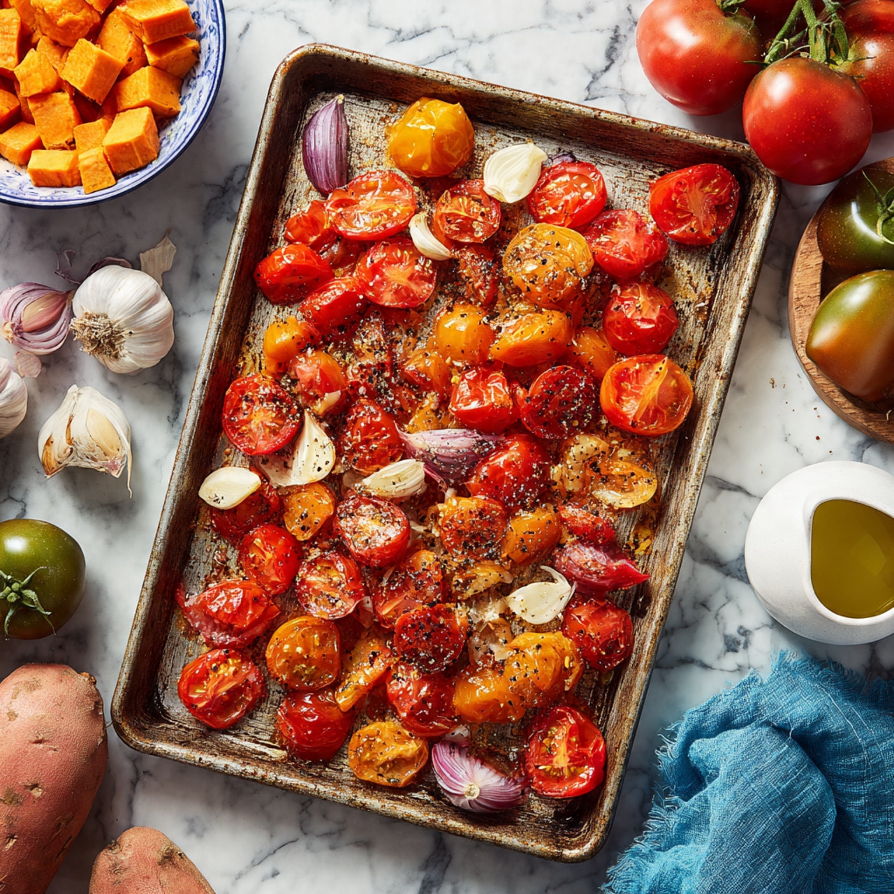 A baking tray filled with a mix of halved and quartered red tomatoes and a few whole grape tomatoes, with some pieces sprinkled with black pepper. There are three whole peeled garlic cloves scattered among the tomatoes. The tray is placed on a white marbled surface, surrounded by whole green and red tomatoes, a whole sweet potato, a bowl of cubed sweet potatoes, a white pitcher of olive oil, a head of garlic, and a blue cloth on the right side. The colors are vibrant with the red tomatoes contrasting against the lighter tomatoes and garlic. Photo taken with an iphone --ar 4:5 --v 7