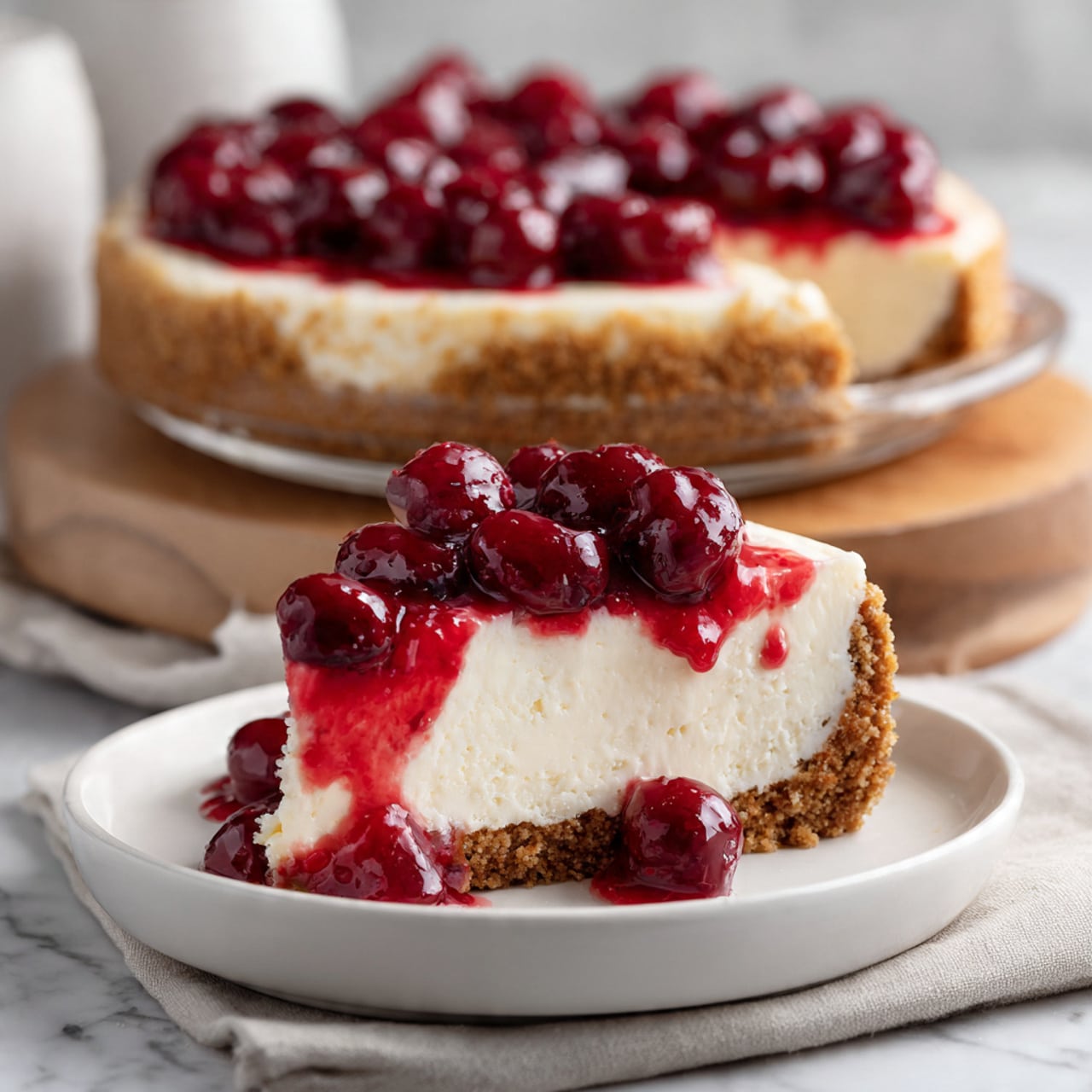 A slice of cherry cheesecake sits on a white plate in the foreground, showing three clear layers: a crumbly light brown crust at the bottom, a thick creamy white middle layer of cheesecake, and a bright red cherry topping with whole cherries and a shiny glaze, some of the glaze and cherries spilling slightly over the edges. Behind the slice, a whole cheesecake with the same three layers fills a clear pie dish on a light wooden board. The background features a white marbled texture and a soft cloth underneath the plate. The photo taken with an iphone --ar 4:5 --v 7