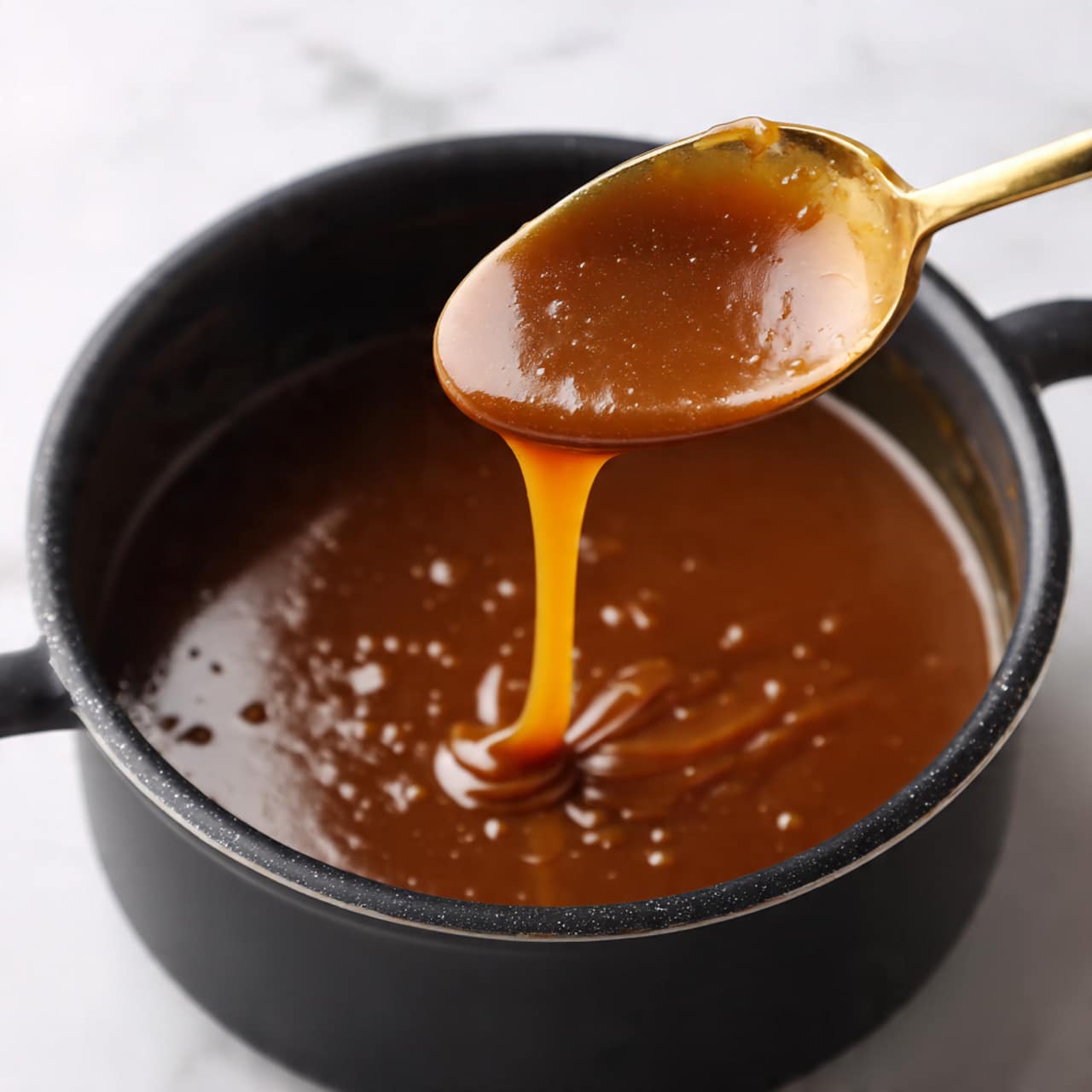The image shows a black pot filled with thick, shiny caramel sauce with small bubbles on the surface. A gold-colored spoon is lifting some caramel, with a smooth, glossy drip flowing down back into the pot. The pot is placed on a white marbled surface, capturing the rich amber color and smooth texture of the caramel sauce. Photo taken with an iphone --ar 4:5 --v 7
