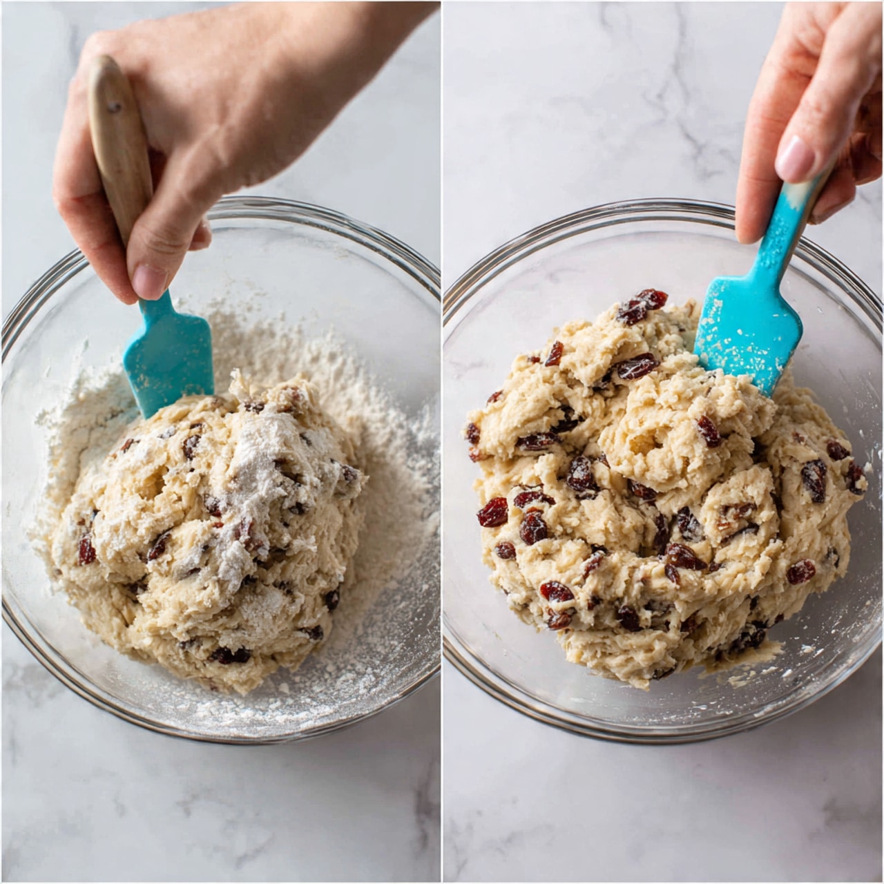 A round loaf of bread with a crispy, golden-brown crust dusted with white flour sits on a white marbled board. The bread is speckled with chunks of walnuts and dark red dried cranberries throughout its light beige interior. Two slices lie in front of the loaf, showing the textured crumb filled evenly with nuts and berries. Around the board, small bowls hold walnuts, butter, and dried cranberries, with a soft brown cloth in the background and a textured cream-colored vase partly visible. The setting is on a white marbled surface. photo taken with an iphone --ar 4:5 --v 7