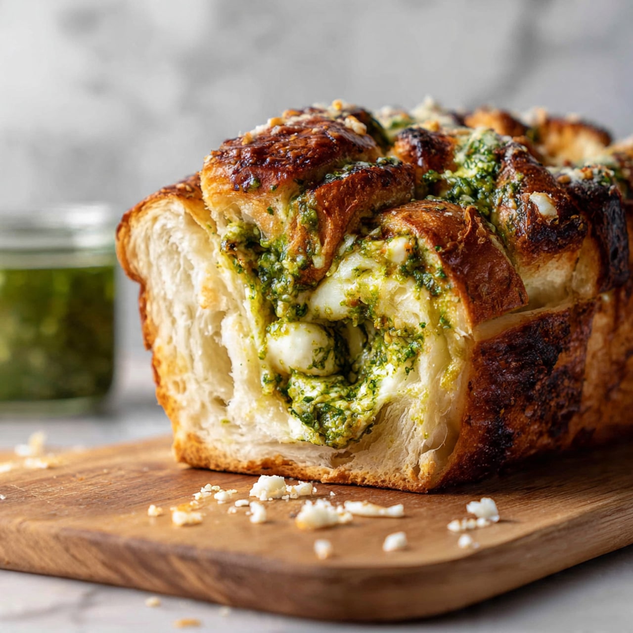 A loaf of layered bread sits on a wooden board on a white marbled surface. The bread has many twisted layers inside showing green pesto sauce spread evenly, mixed with a light layer of melted cheese. The top crust is golden brown with extra cheese and small green basil leaves sprinkled on it. One slice is cut, lying flat and showing the soft, fluffy inside with pesto bright green and creamy. A small jar of green pesto and a small white bowl of grated cheese are visible nearby. The scene is bright and fresh, capturing the texture and colors clearly photo taken with an iphone --ar 4:5 --v 7