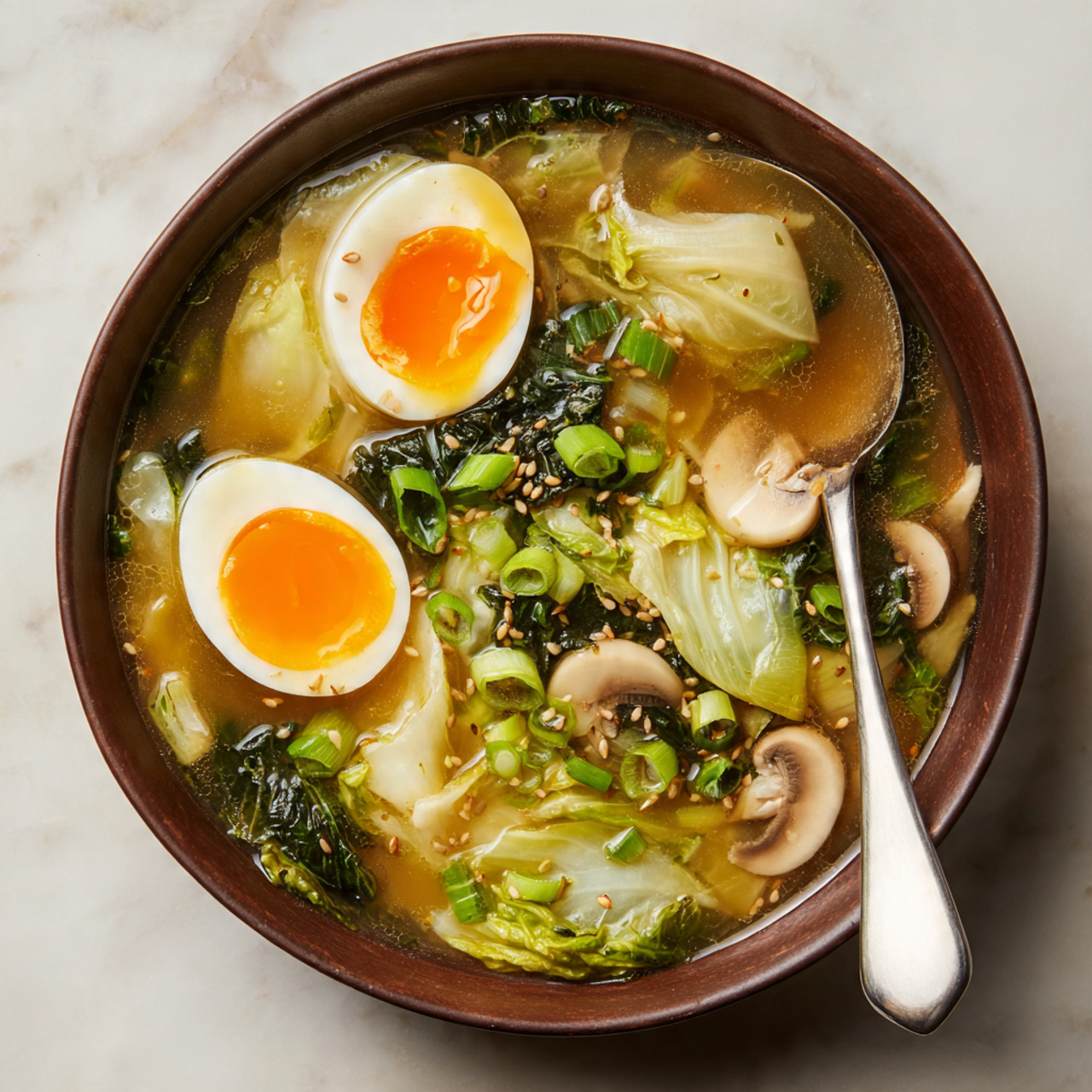 A brown bowl filled with clear broth soup showing two halves of a soft boiled egg with bright orange yolks near the top center, surrounded by light green cabbage leaves and sliced beige mushrooms floating in the broth. Thin slices of green onions are scattered on top along with small sesame seeds. A silver spoon with a white handle rests inside the bowl on the right side, partly submerged in the soup. The bowl is placed on a white marbled surface. photo taken with an iphone --ar 4:5 --v 7