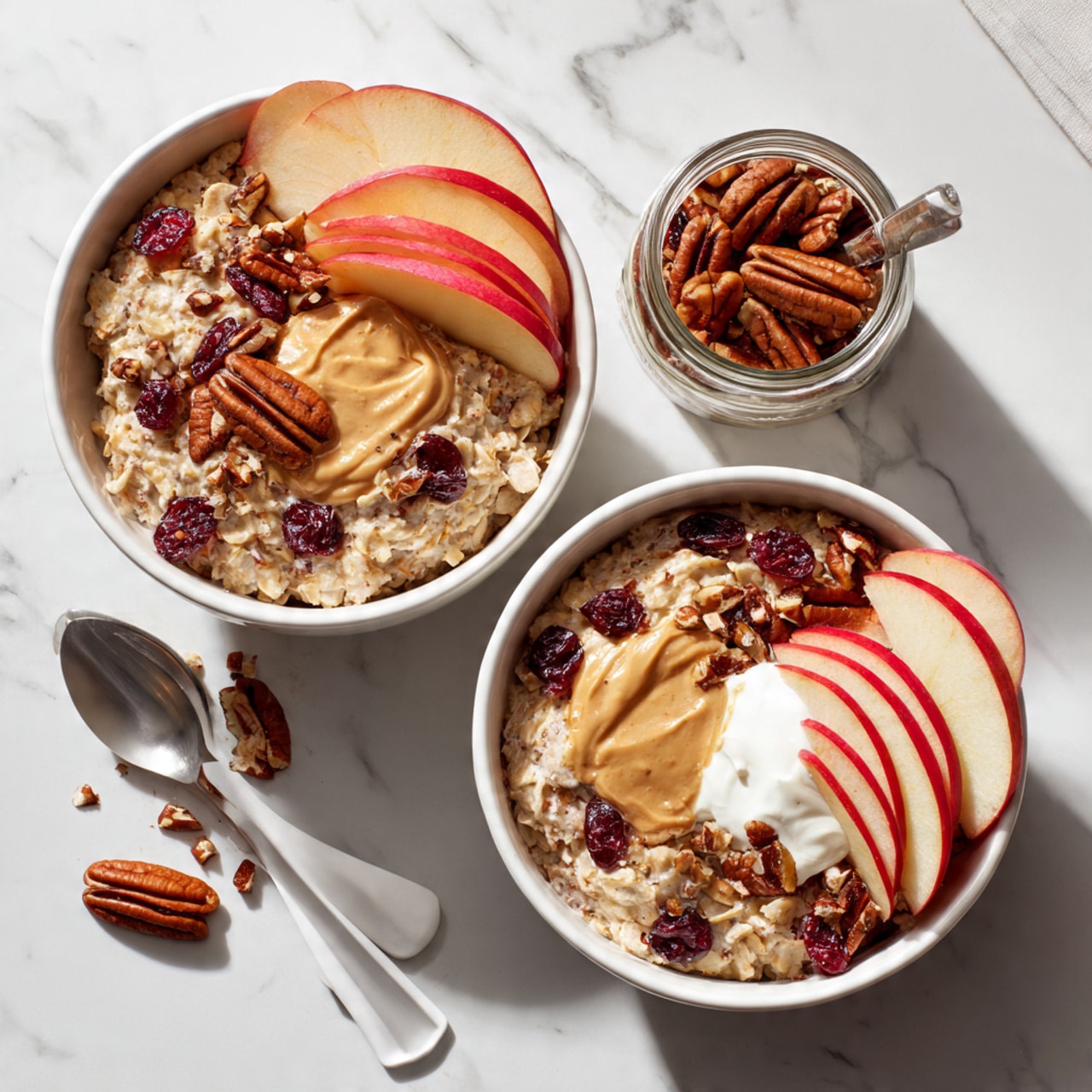 A clear glass bowl sits on a white marbled surface, filled with seven distinct layers of ingredients arranged side by side: light brown rolled oats, dark red dried cranberries, green pumpkin seeds, pale beige sunflower seeds, off-white shredded coconut, light tan flax seeds, and a small pile of white sesame seeds. Surrounding the bowl are three red apples, a glass jar filled with rolled oats and pecans, and three small white bowls containing creamy yogurt, amber honey, and dark maple syrup. The composition is bright and clean, showcasing natural textures and colors. photo taken with an iphone --ar 4:5 --v 7