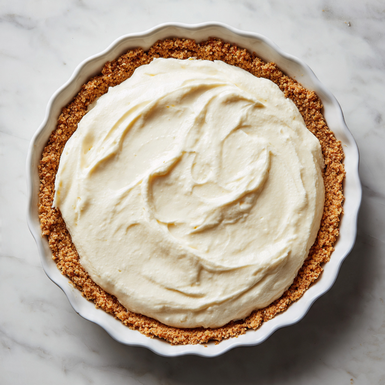 A close-up view of a dessert in a white fluted pie dish, showing two layers: the bottom layer is a crumbly light brown crust evenly pressed to the edges of the dish, and the top layer is a thick, creamy white filling spread smoothly but with soft swirl marks on its surface. The dish sits on a white marbled texture background. photo taken with an iphone --ar 4:5 --v 7