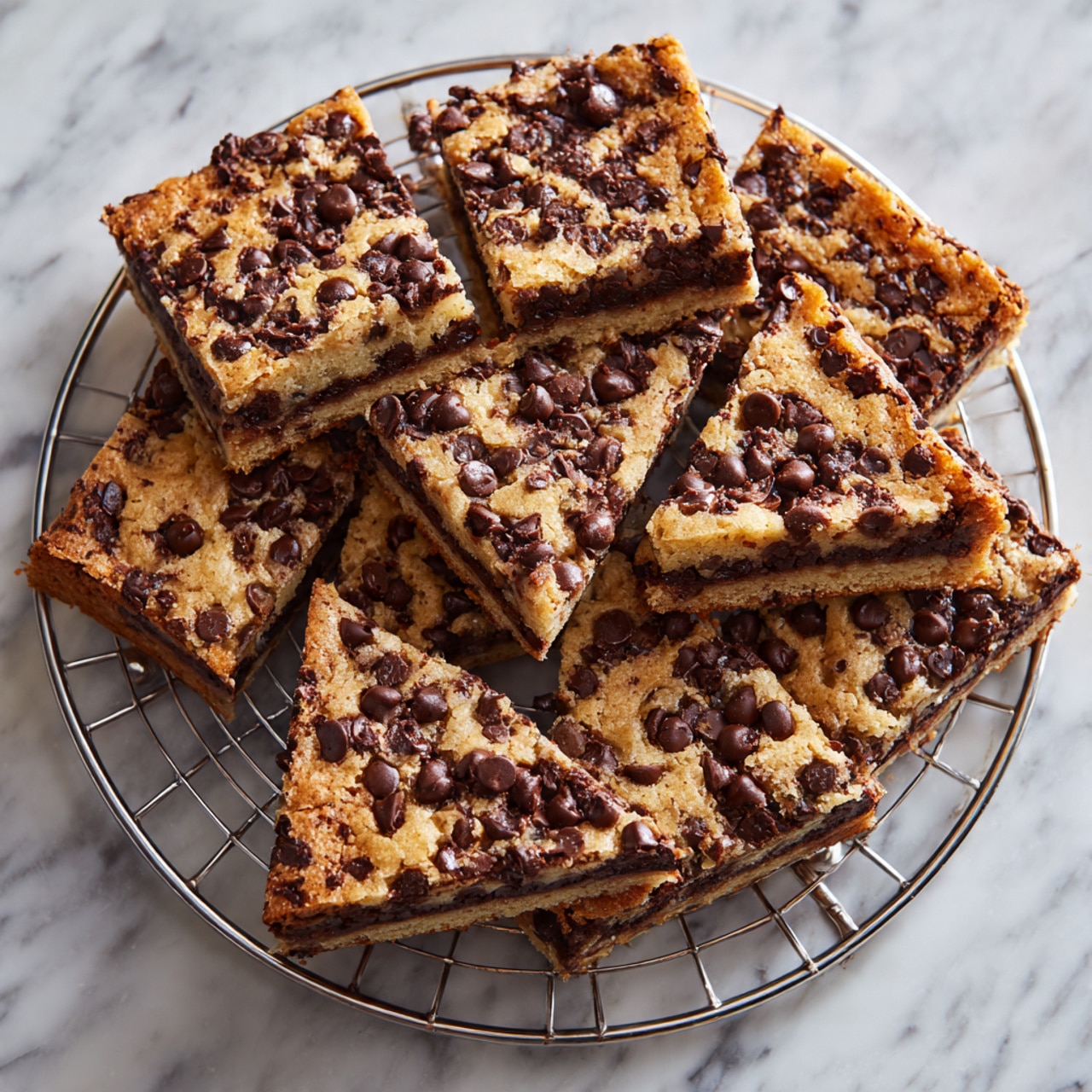 The image shows several triangular chocolate chip cookie bars arranged on a round metal cooling rack. Each bar has a light golden brown top layer speckled generously with dark brown chocolate chips, with a visible darker middle layer of chocolate or fudge sandwiched between two cookie layers. The texture of the cookie appears soft yet firm, and the bars are placed on a white marbled surface. Photo taken with an iphone --ar 4:5 --v 7