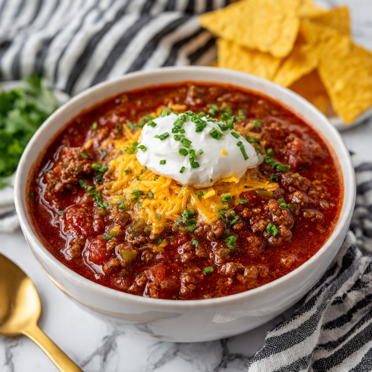 A close-up view of a thick, rich red chili stew inside a black pot filled with visible chunks of cooked ground meat, small cubes of red and green bell peppers, and onions, all coated in a shiny, textured tomato-based sauce. Small bits of bright green herbs are sprinkled on top, with a metal ladle scooping some filled with the hearty mixture. The pot rests on a white marbled surface. photo taken with an iphone --ar 4:5 --v 7