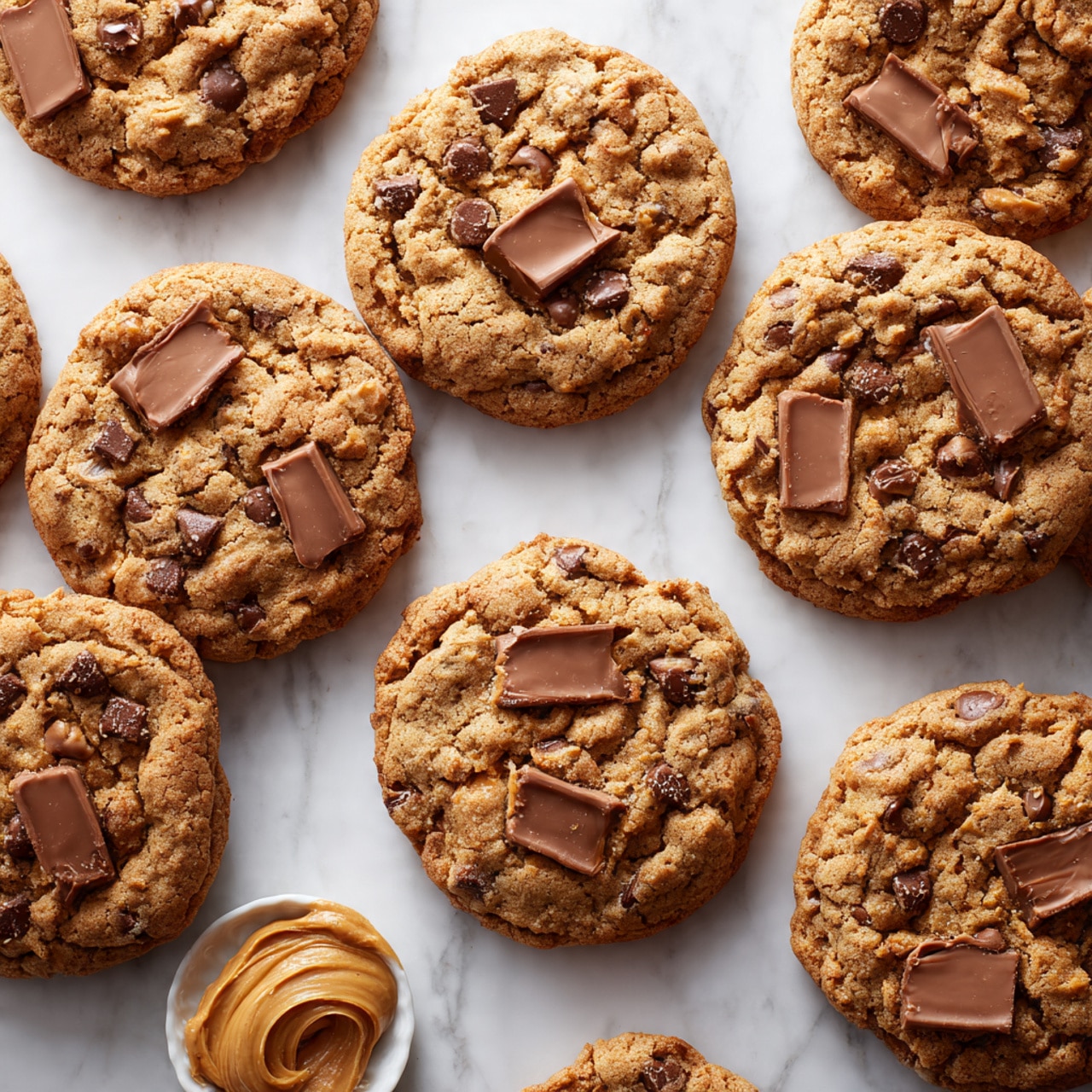 The image shows a close-up of a soft, round cookie filled with many shiny dark chocolate chips spread unevenly on the cookie's top. The cookie has a rough, bumpy surface with a light golden brown color, and its edges are slightly raised with a soft texture. Around the main cookie, other similar cookies are blurred in the background. The cookies are placed on a white marbled surface. photo taken with an iphone --ar 4:5 --v 7