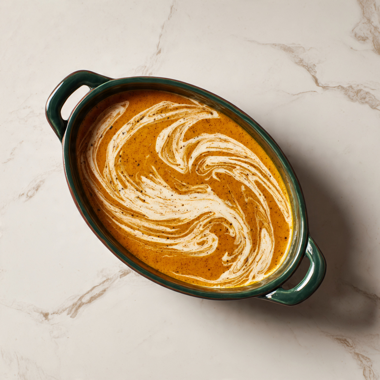 Creamy Tomato Bisque with Basil and a Touch of Chili Flakes Recipe 4 An oval black pot with two handles sits on a white marbled surface, filled with a rich, smooth red tomato sauce. Inside the sauce are several plump, soft shapes submerged yet visible, showing a slightly shiny texture. On top of the sauce, there are four large fresh basil leaves, bright green with clear veins, placed near the center for a pop of color. photo taken with an iphone --ar 4:5 --v 7