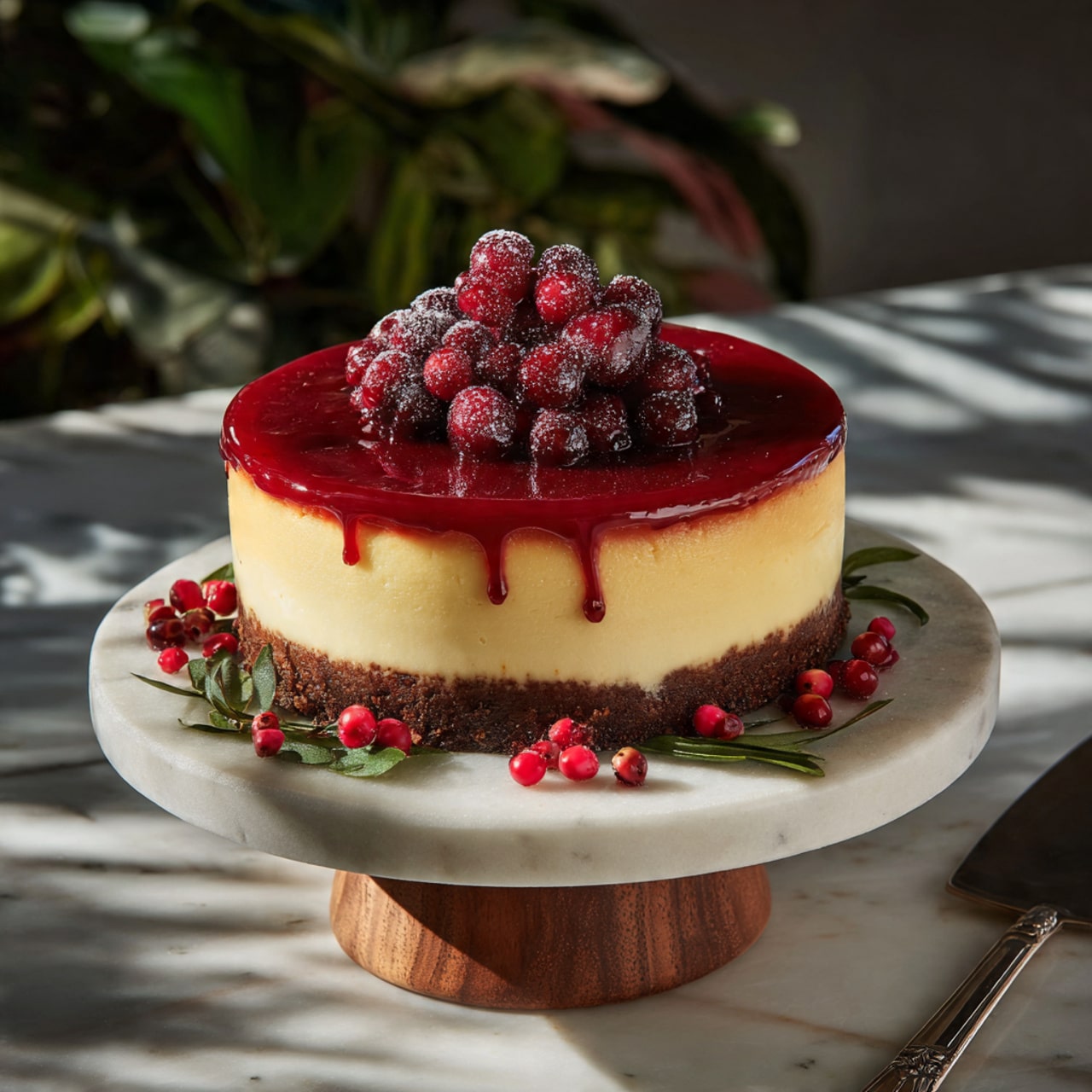 The image shows a creamy cheesecake with three visible layers sitting on a white marble cake stand with a wooden base. The bottom layer is a thin, crumbly dark brown crust. The thick middle layer is smooth and pale yellow, showing a soft and dense texture with subtle air holes. The top layer is a glossy, bright red fruit glaze that slightly drips over the edges. On top of the cheesecake, there is a small pile of frosted red berries dusted with sugar, adding a frosty, textured look. The background is dark with soft-focus red and green shapes, enhancing the colors of the cake. Photo taken with an iphone --ar 4:5 --v 7