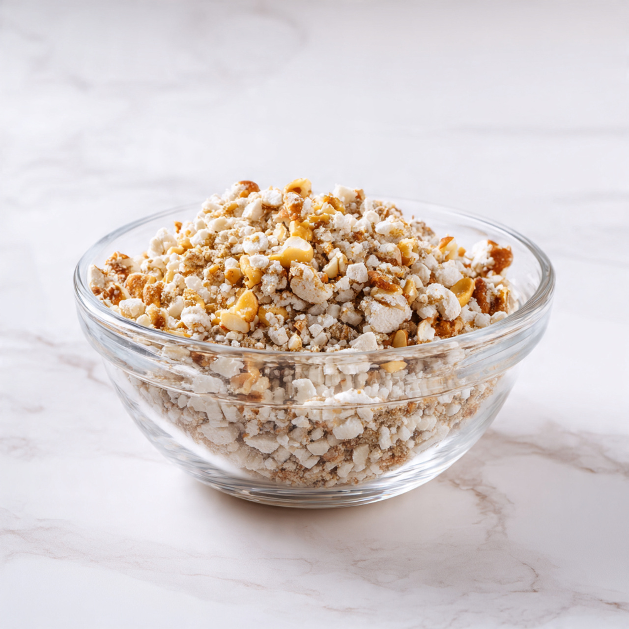 The image shows a square baked dessert in a metal pan placed on a white marbled surface. The dessert has a textured top with a mix of golden brown and dark brown areas, showing a marbled pattern. It is sprinkled with small pieces of nuts, mostly around the edges and a few towards the center. The edges appear slightly raised and more browned compared to the center, which has a softer, uneven surface. The colors range from light golden to dark chocolate brown, creating a contrast in the baked layers. Photo taken with an iphone --ar 4:5 --v 7