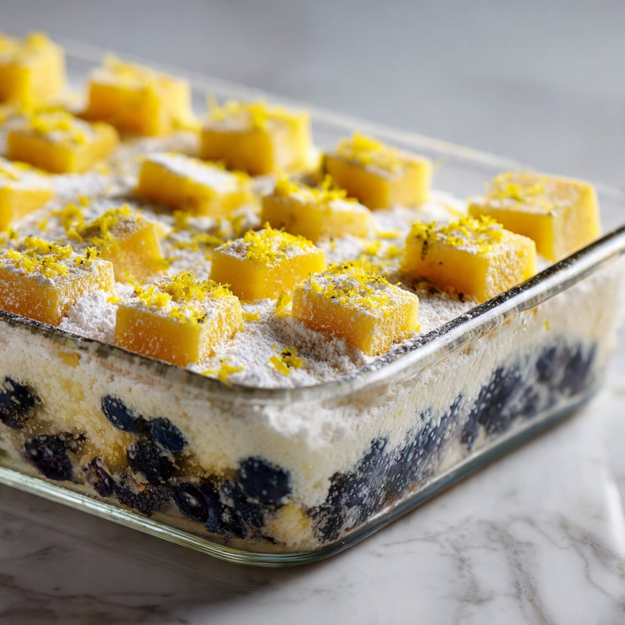 A clear glass rectangular baking dish filled with a thick white powder layer, scattered with small bright yellow zest pieces on top. Square pieces of pale cream butter evenly placed on the surface in a grid pattern. Underneath the powder layer, dark blue round berries peek through near the edges. The dish is set on a white marbled surface. photo taken with an iphone --ar 4:5 --v 7