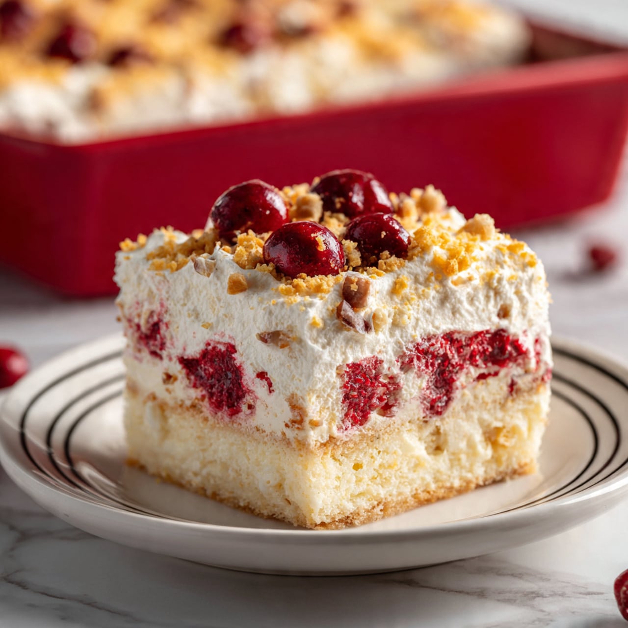 The image shows a slice of berry-filled cake placed on a white plate with dark thin lines near the edge. The slice has two main layers: the bottom layer is thick, light beige, and spongy with visible small nut pieces, while the top layer is speckled with bright red berries and bits of a golden crumbly topping. In the background, there is a red baking dish holding the rest of the cake, showing the same berry-studded golden crust. The surface underneath everything is a white marbled texture. Photo taken with an iphone --ar 4:5 --v 7