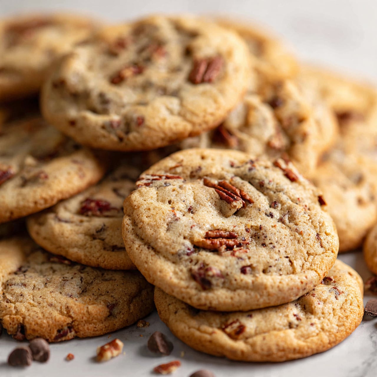 Several soft, round cookies with a light brown color are shown on a white marbled surface. Each cookie has a textured top with dark chocolate chunks and small pieces of light brown nuts scattered evenly. Two cookies are broken in half, showing the same inside texture as the outside, with melted dark chocolate strands visible between the broken parts. The cookies have slightly golden edges and a soft, chewy look in the center. Photo taken with an iphone --ar 4:5 --v 7