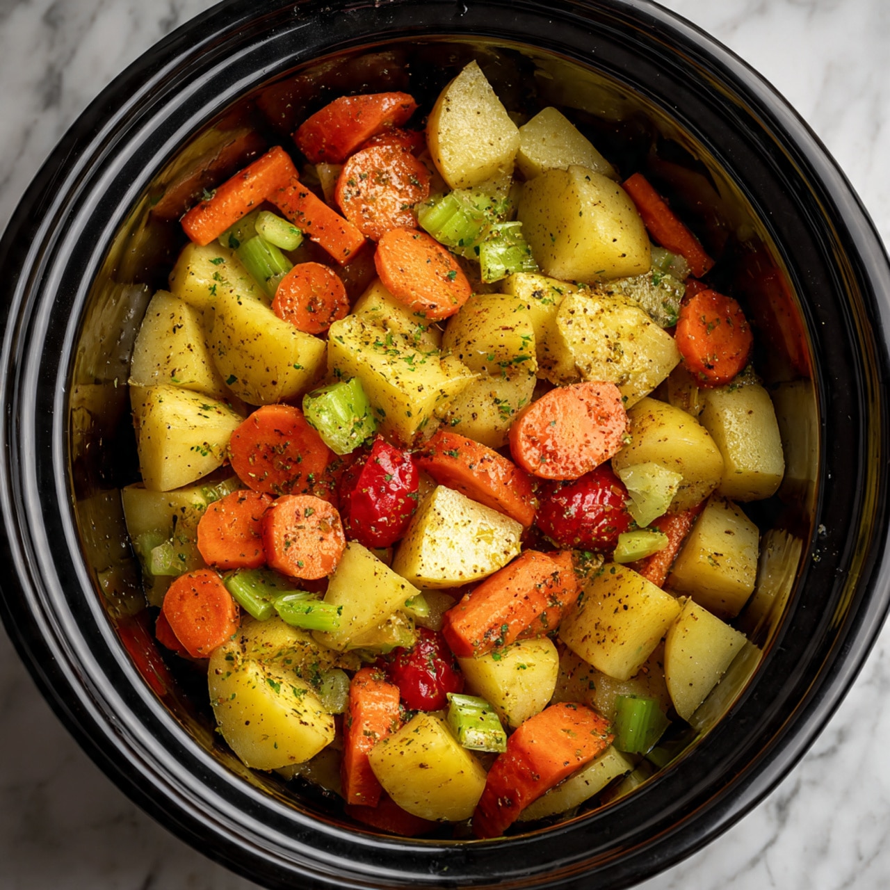 A black slow cooker filled with a mix of colorful chopped vegetables, showing roughly three distinct layers: at the bottom, chunks of pale yellow potatoes; in the middle, bright orange round carrot slices; and scattered throughout, small pieces of green celery and red diced tomatoes, all sprinkled with black pepper and seasoning. The vegetables look fresh and moist, sitting inside the smooth black cooker cavity, which contrasts with the white marbled surface underneath. photo taken with an iphone --ar 4:5 --v 7
