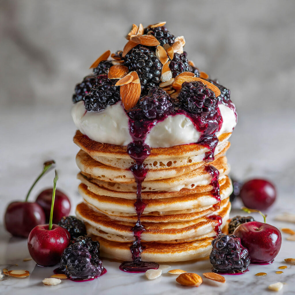 Almond Poppyseed Pancakes with Cherry Syrup Recipe