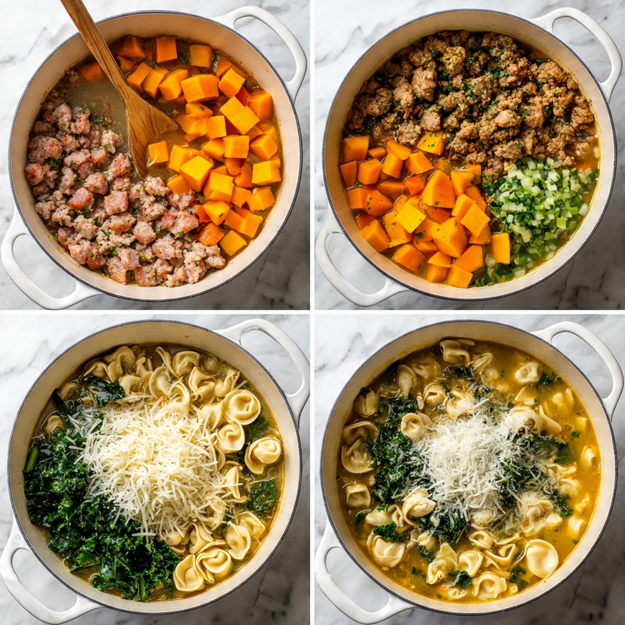 The image shows six steps of cooking a colorful soup in a white pot on a white marbled surface. First, raw sausage pieces with a pink and red texture are in the pot with a wooden spoon stirring. Second, browned sausage crumbles are topped with green chopped celery, orange chopped carrots, white chopped onions, and dark green herbs. Third, big cubes of bright orange butternut squash cover the cooked ingredients inside the pot. Fourth, all ingredients are simmering in a light orange broth with bubbles on top. Fifth, the pot contains dry tortellini pasta, fresh dark green kale leaves, and a large pile of shredded white cheese over the broth. Sixth, the soup is fully cooked, showing orange broth filled with sausage bits, kale, cubes of butternut squash, and cooked tortellini pasta floating inside. The overall colors are warm orange, green, and white with brown meat tones. Photo taken with an iphone --ar 4:5 --v 7