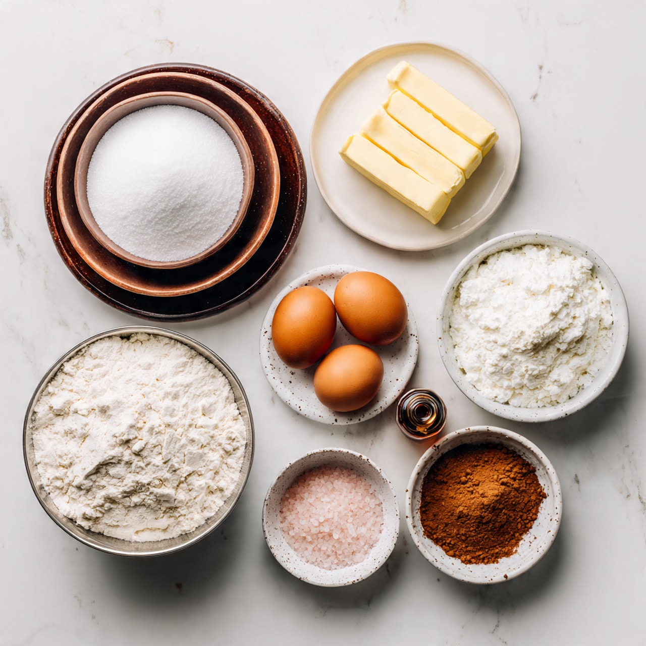 The image shows eight different containers with baking ingredients arranged on a white marbled surface. In the center bottom is a metal bowl filled with white flour. Above it to the left are two brown bowls stacked vertically, the large one filled with white granulated sugar and the smaller one with finer white sugar. On the top right is a white plate holding two pale yellow sticks of butter. Below that and slightly to the left is a white plate with two brown eggs. Near the center is a very small glass bottle with dark amber liquid. To its right is a white speckled bowl containing white powder, pink salt, and another white ingredient. Just below the bottle is a small white bowl filled with brown powder, likely cinnamon. The items are neatly spaced on the surface. photo taken with an iphone --ar 4:5 --v 7